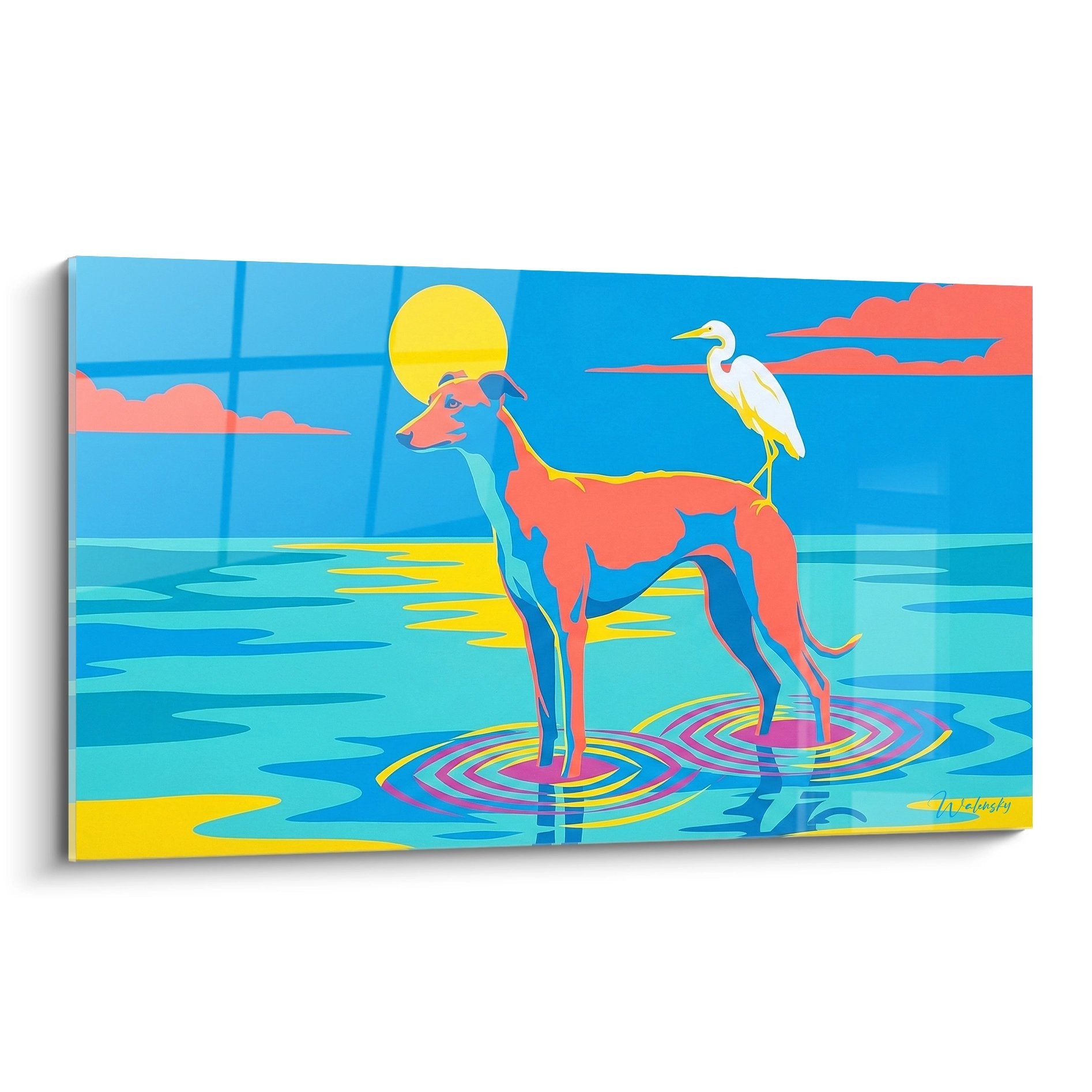 Tableau pop art levrier greyhound turquoise et corail marchant sur eau avec heron blanc soleil jaune