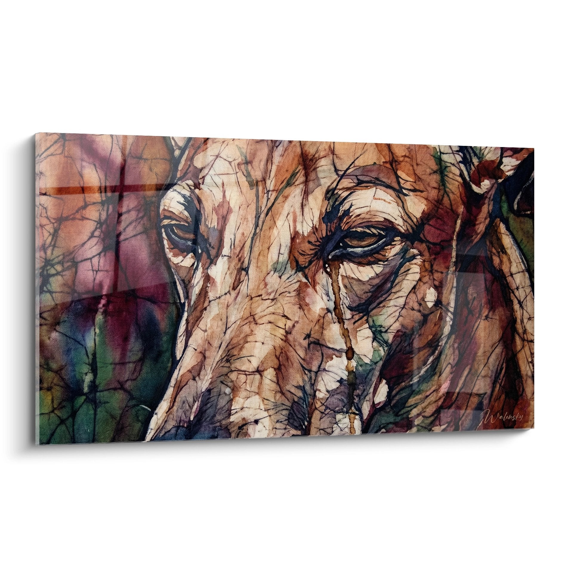Portrait artistique de levrier greyhound aux tons ocre et rouille avec effet craquele et regard melancolique