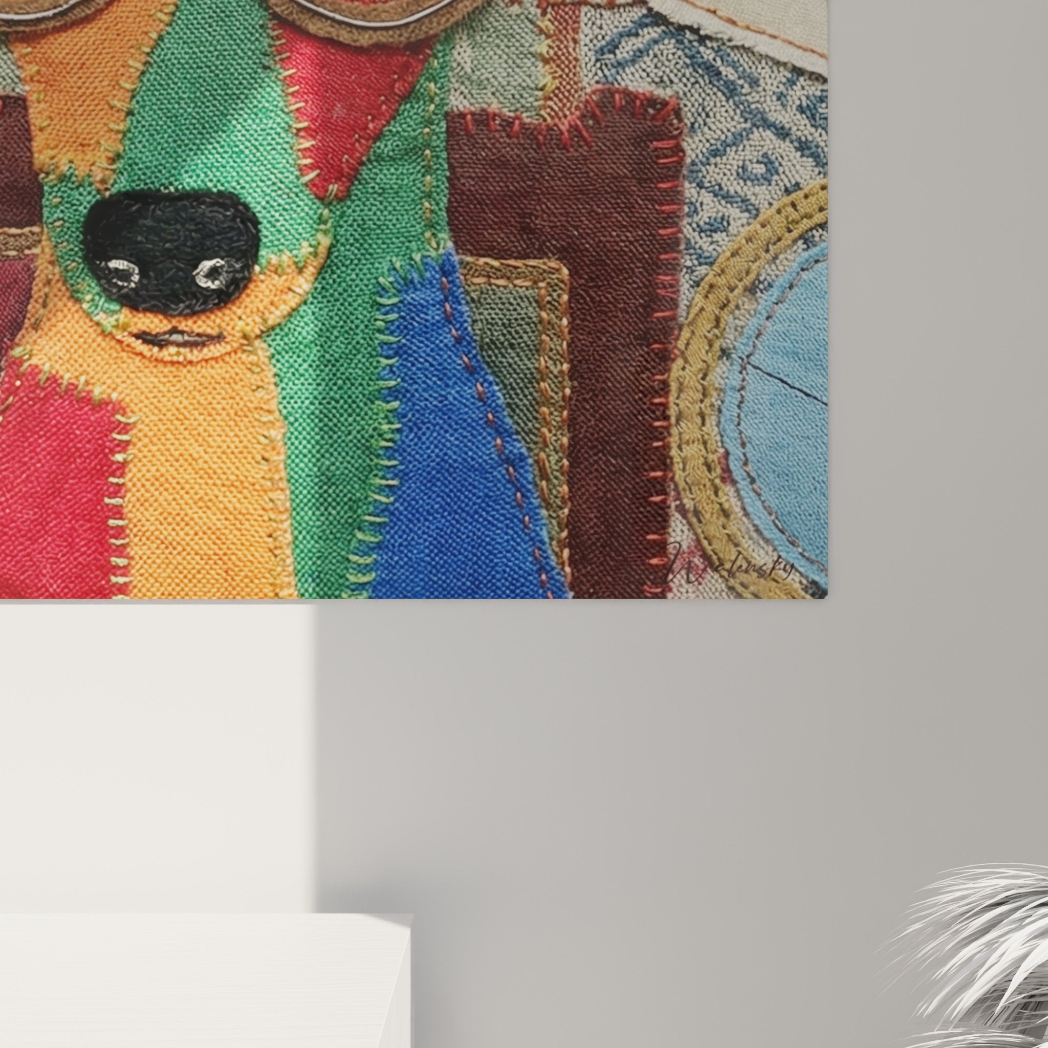 Overview of the intellectual greyhound textile painting with antique books in contemporary wall decoration