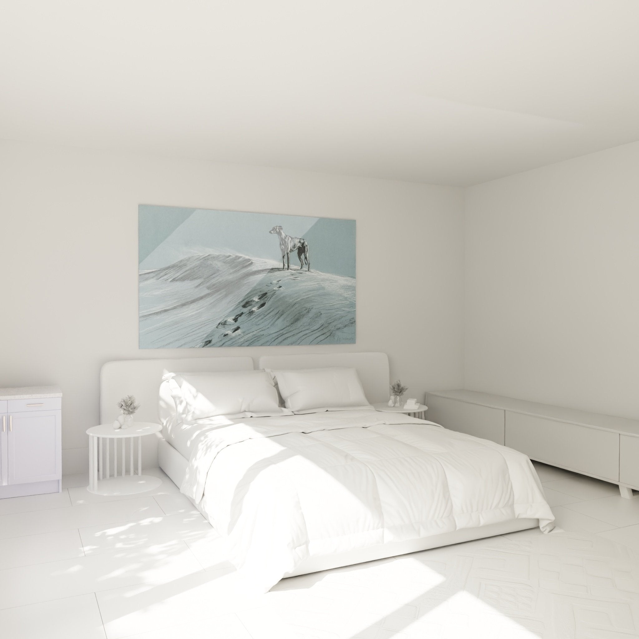 Windhund-Gemälde auf schneebedeckter Düne Schlafzimmerdekoration moderne weiße Wände ruhige Atmosphäre zeitgenössische Hundekunst