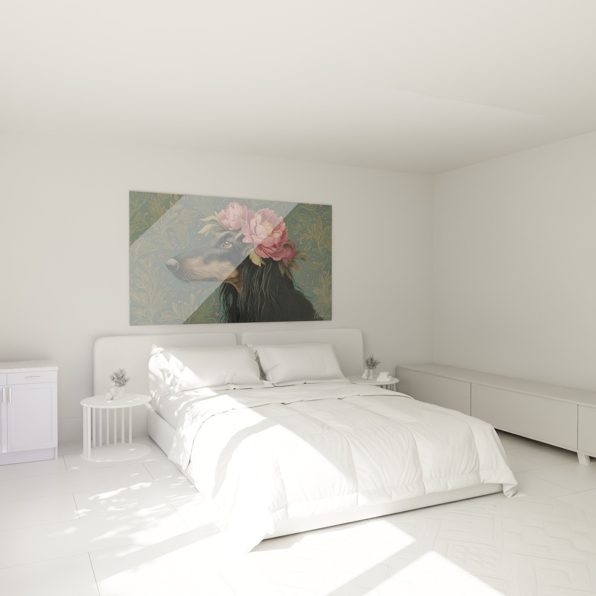 Afghanischer Windhund-Gemälde mit rosa Blüten in modernem Schlafzimmer mit pudrigen Farbtönen