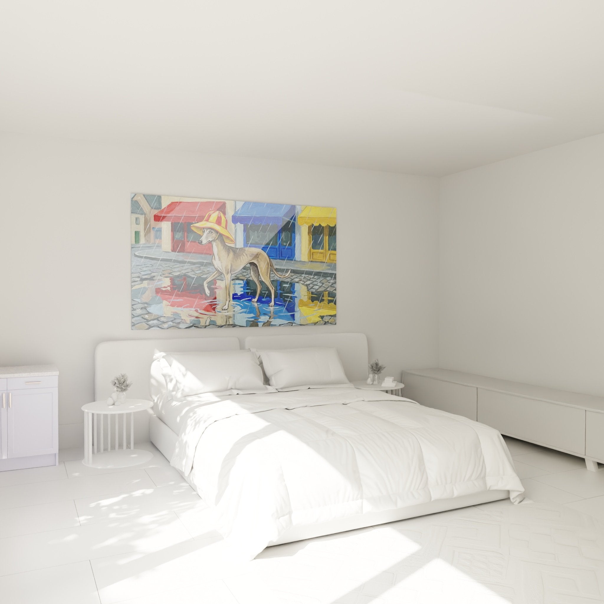 Windhund-Gemälde im Regen mit farbigen Markisen in modernem Schlafzimmer mit neutralen Tönen installiert