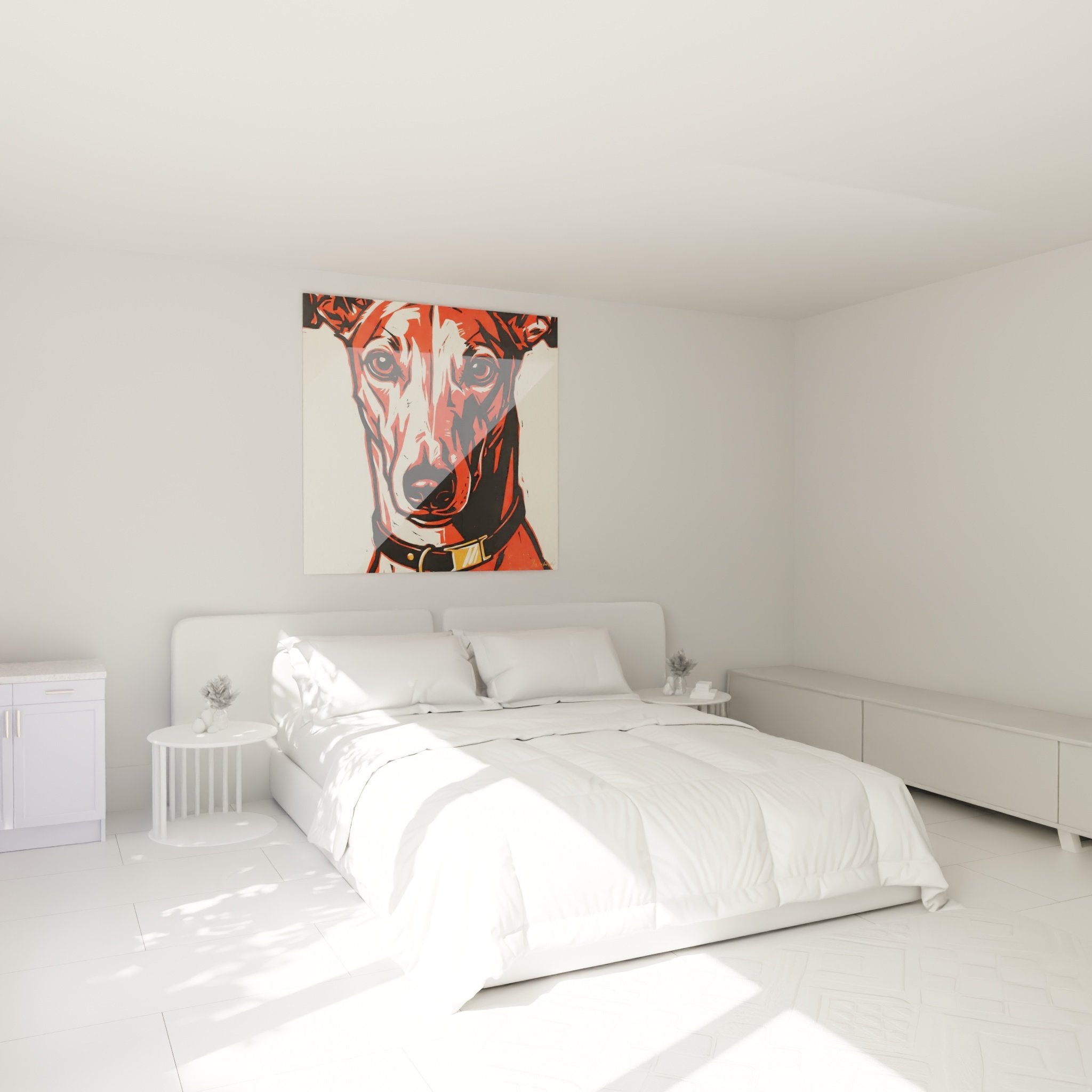 Windhund-Pop-Art-Bild in Rot an der Wand aufgehängt modernes Schlafzimmer zeitgenössische Wanddekoration