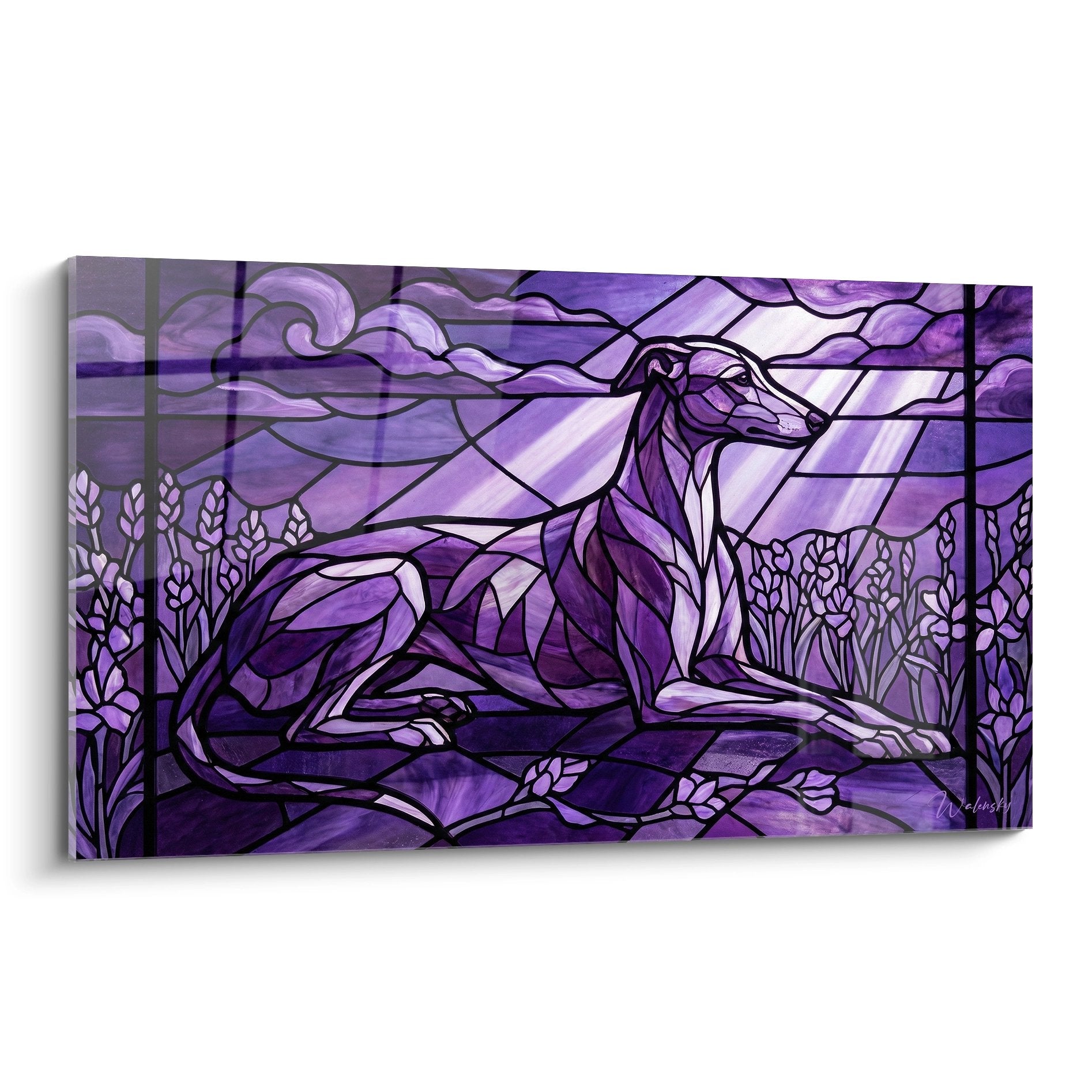 Tableau lévrier greyhound violet style vitrail allongé paysage améthyste art mural