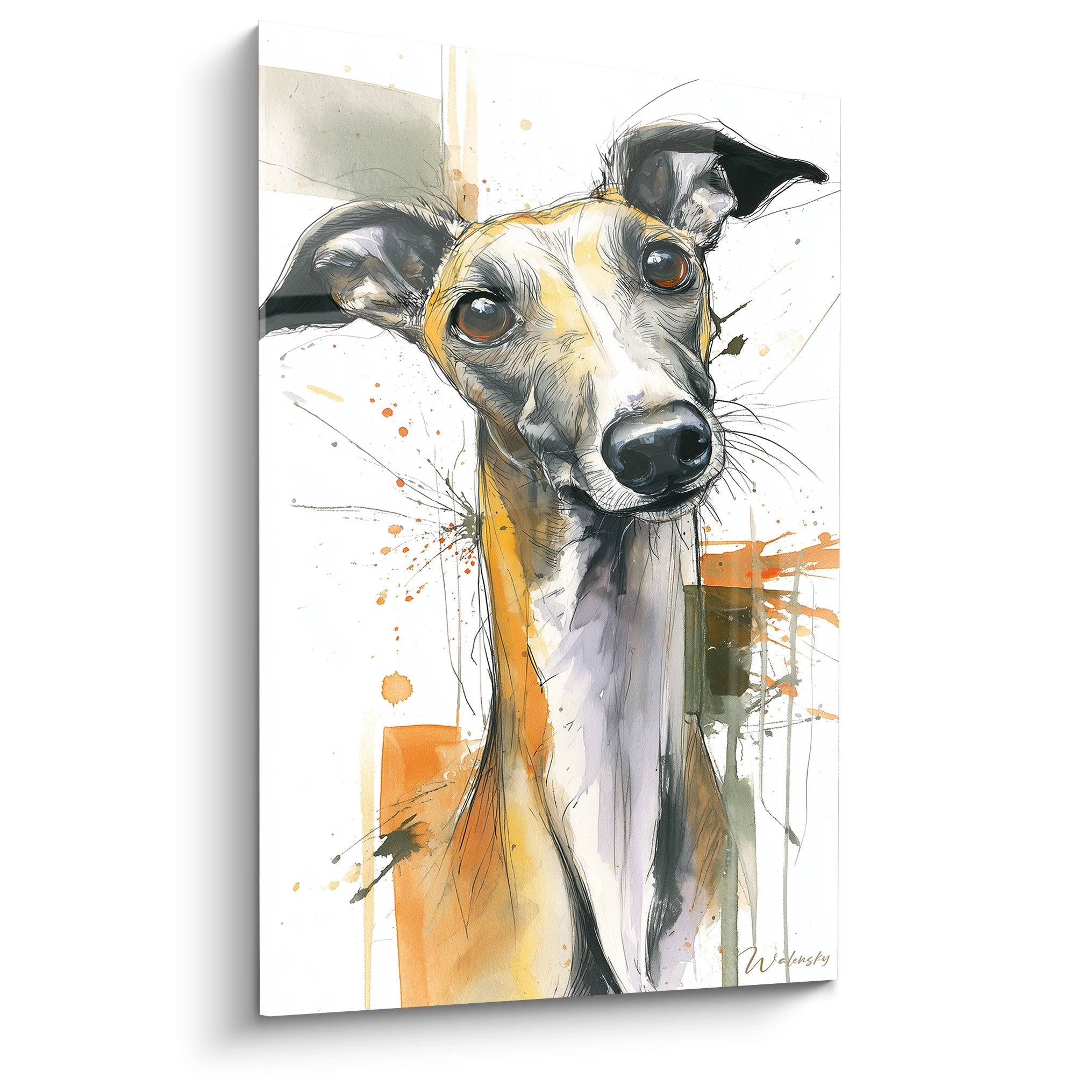 Portrait artistique Lévrier Whippet aquarelle ocre noir regard expressif éclaboussures orange