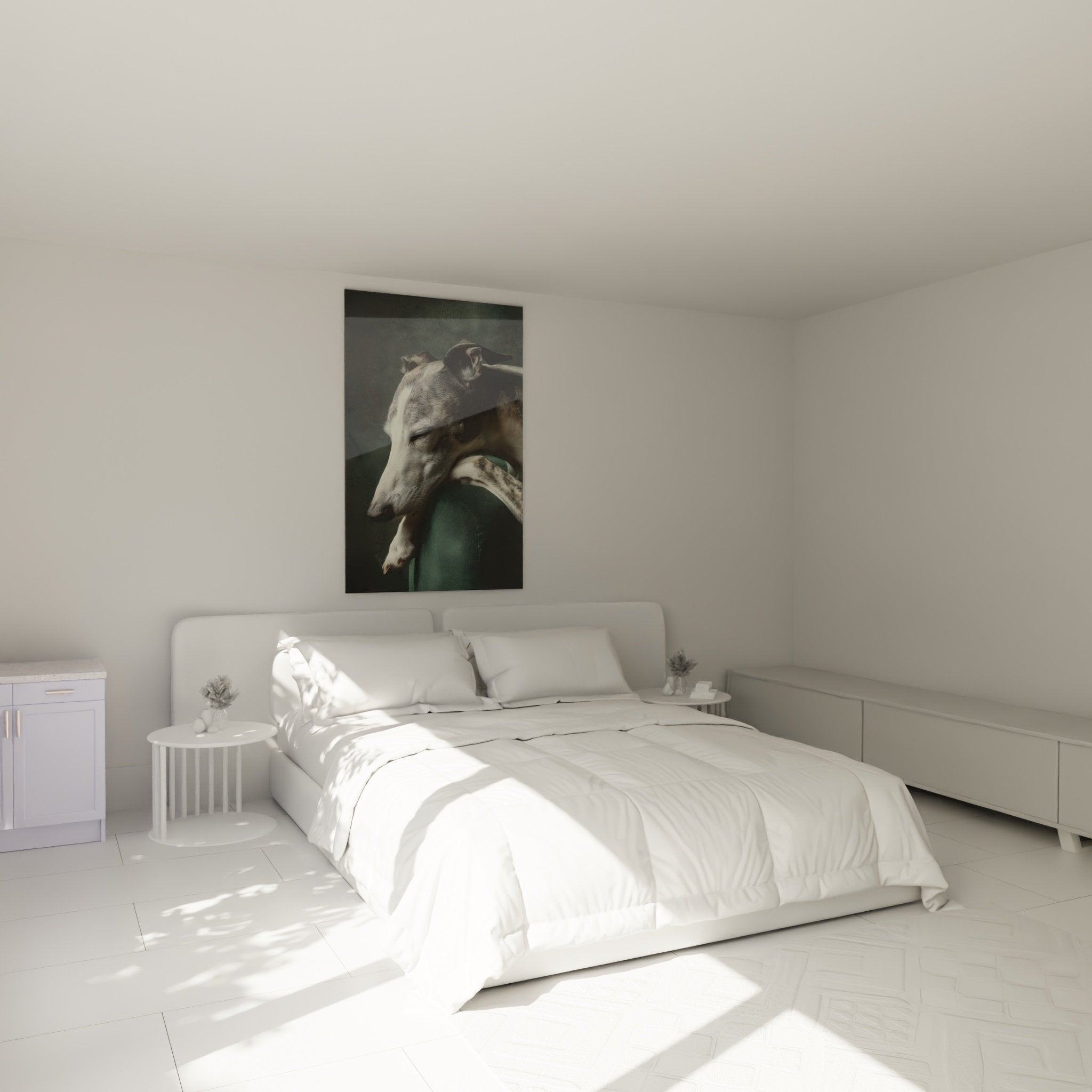 Whippet-Windhund-Gemälde schlafend dekoriert modernes Schlafzimmer in beruhigenden Tönen