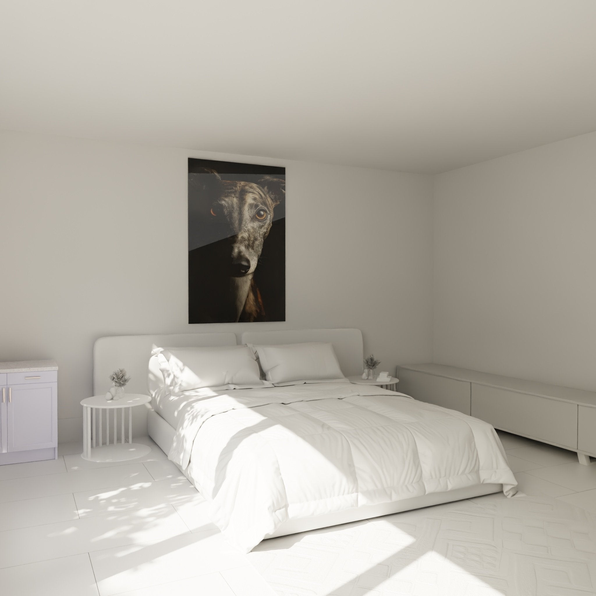 Tableau portrait lévrier whippet décorant une chambre moderne, murs clairs, ambiance cocooning élégante