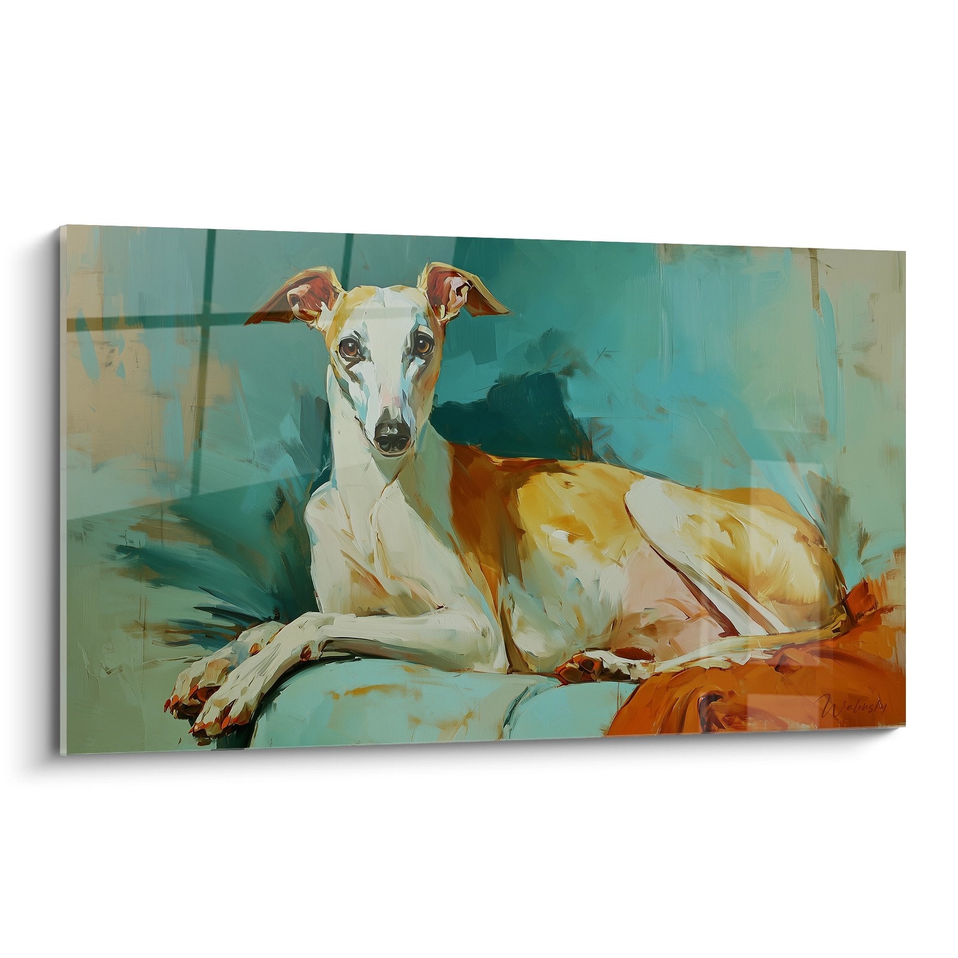 tableau moderne levrier whippet allonge tons turquoise orange peinture contemporaine art canin