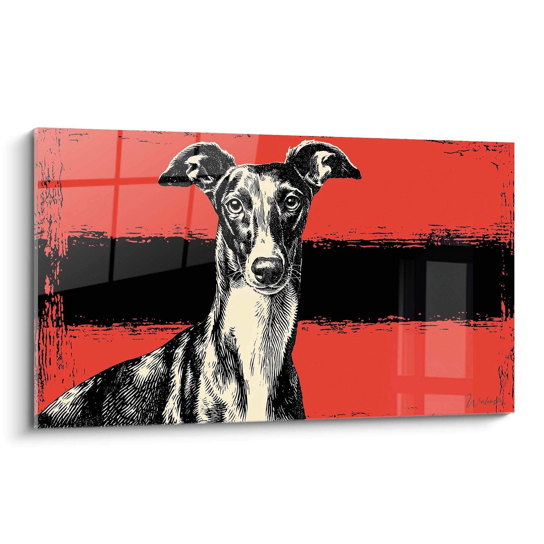 Portrait artistique levrier whippet style pop art fond rouge contrastes noir blanc regard intense