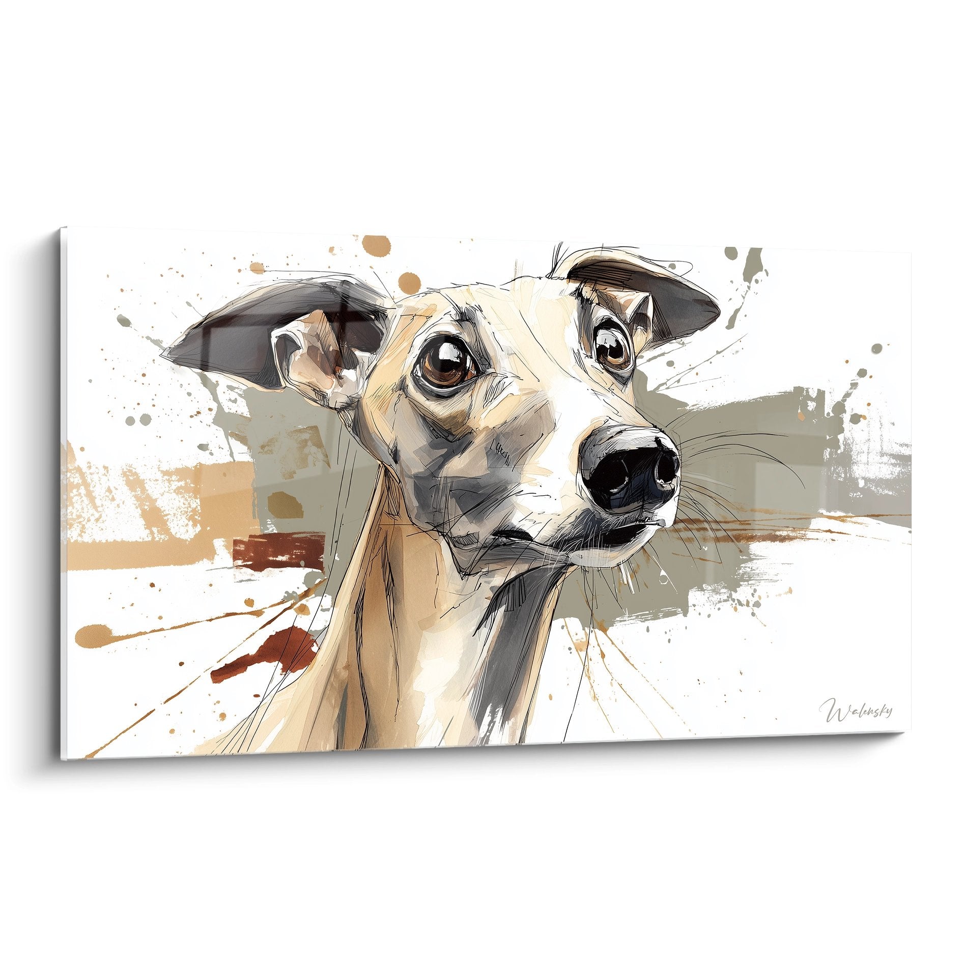 Portrait artistique de Lévrier Whippet aux tons ocre et gris avec éclaboussures de peinture sur fond blanc