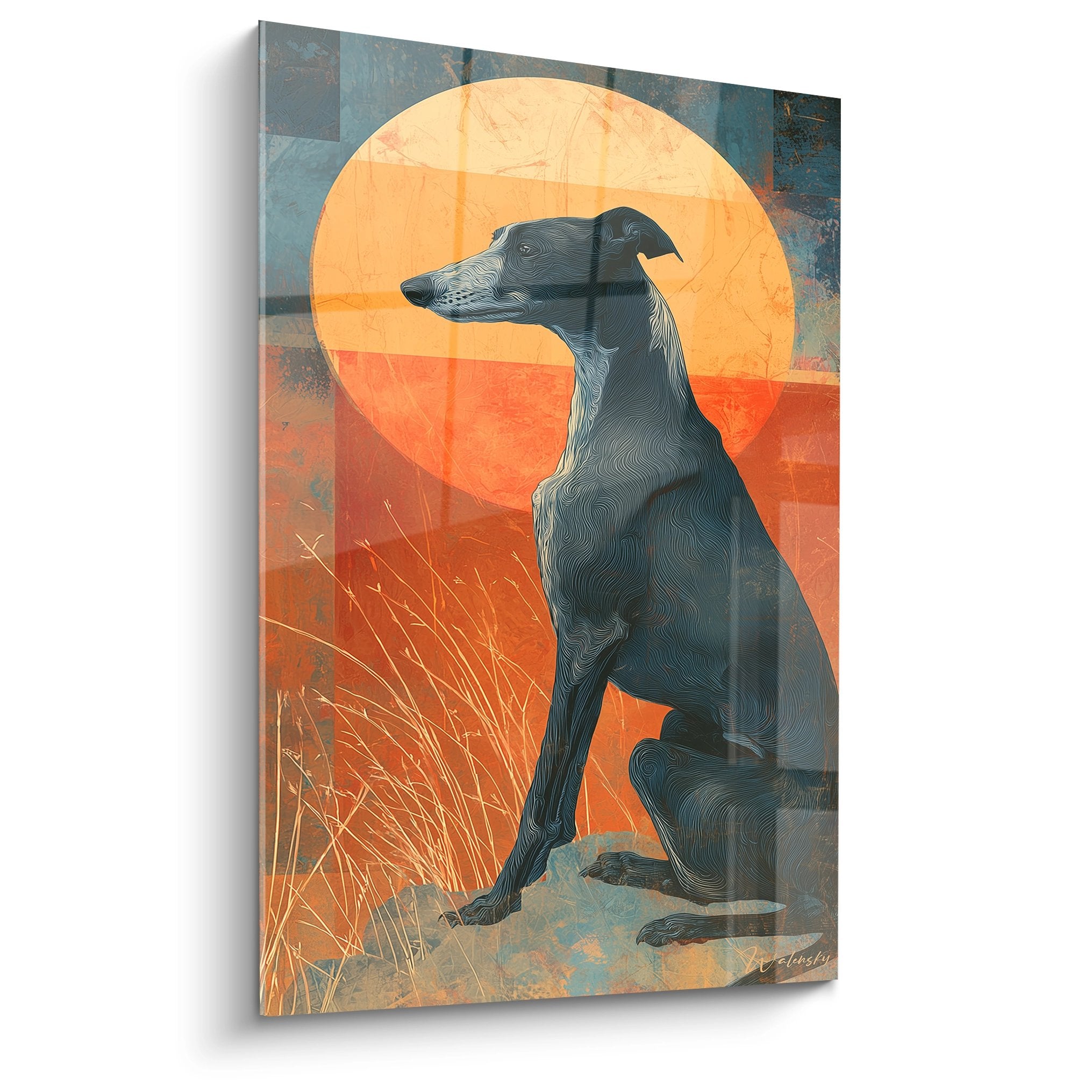 Tableau lévrier whippet noir silhouette coucher soleil orange rouge art mural décoratif