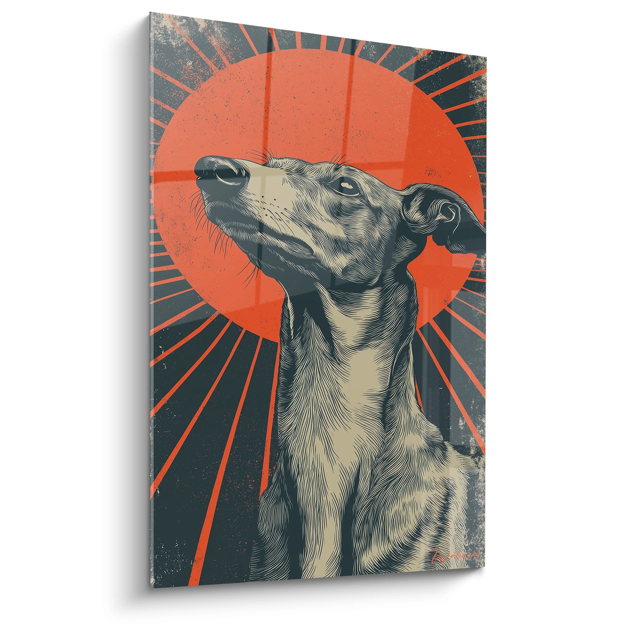 Tableau levrier whippet regardant soleil orange rayonnant fond gris art mural decoratif