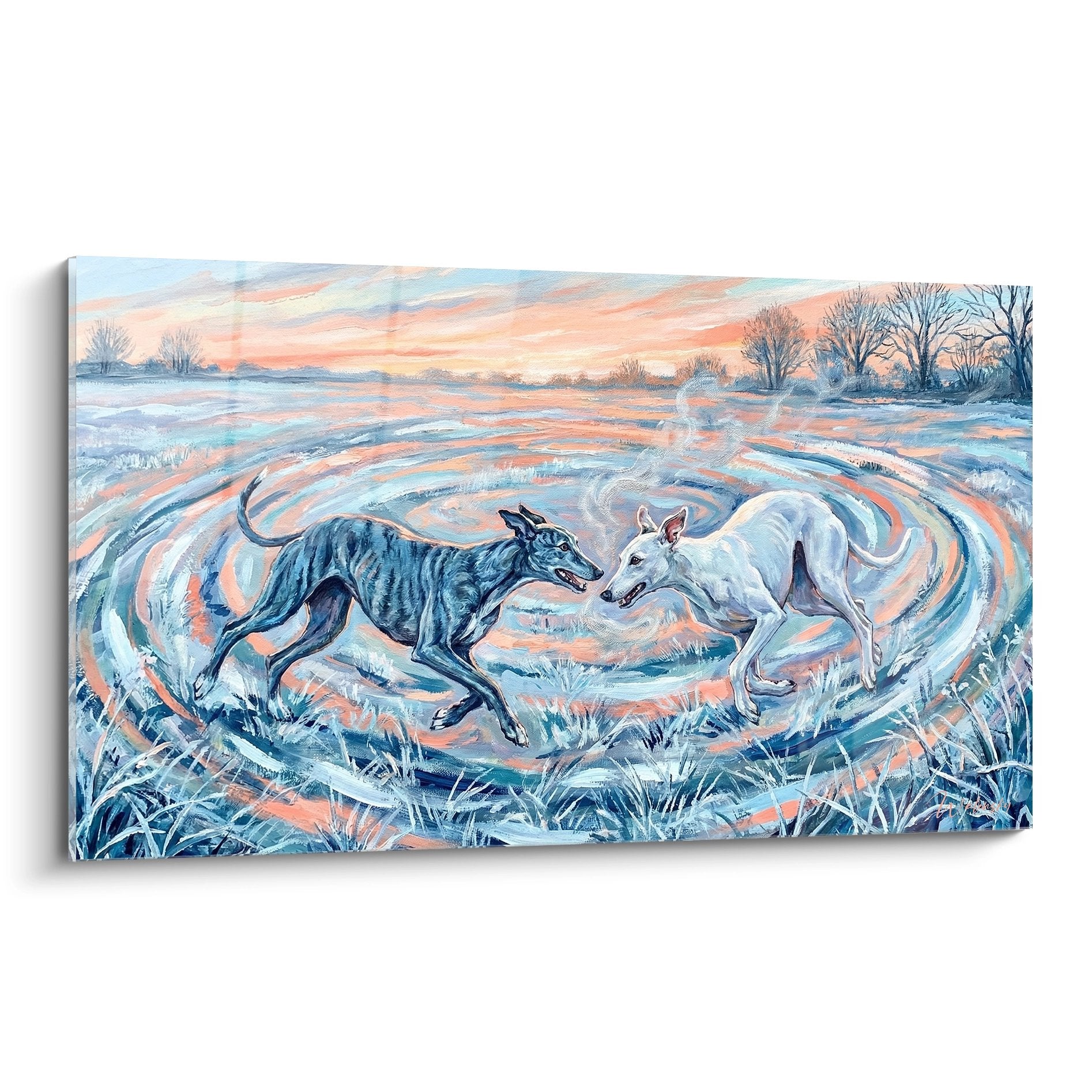 Tableau de deux lévriers greyhound jouant dans brume hivernale aux tons bleus et roses pastel sur toile