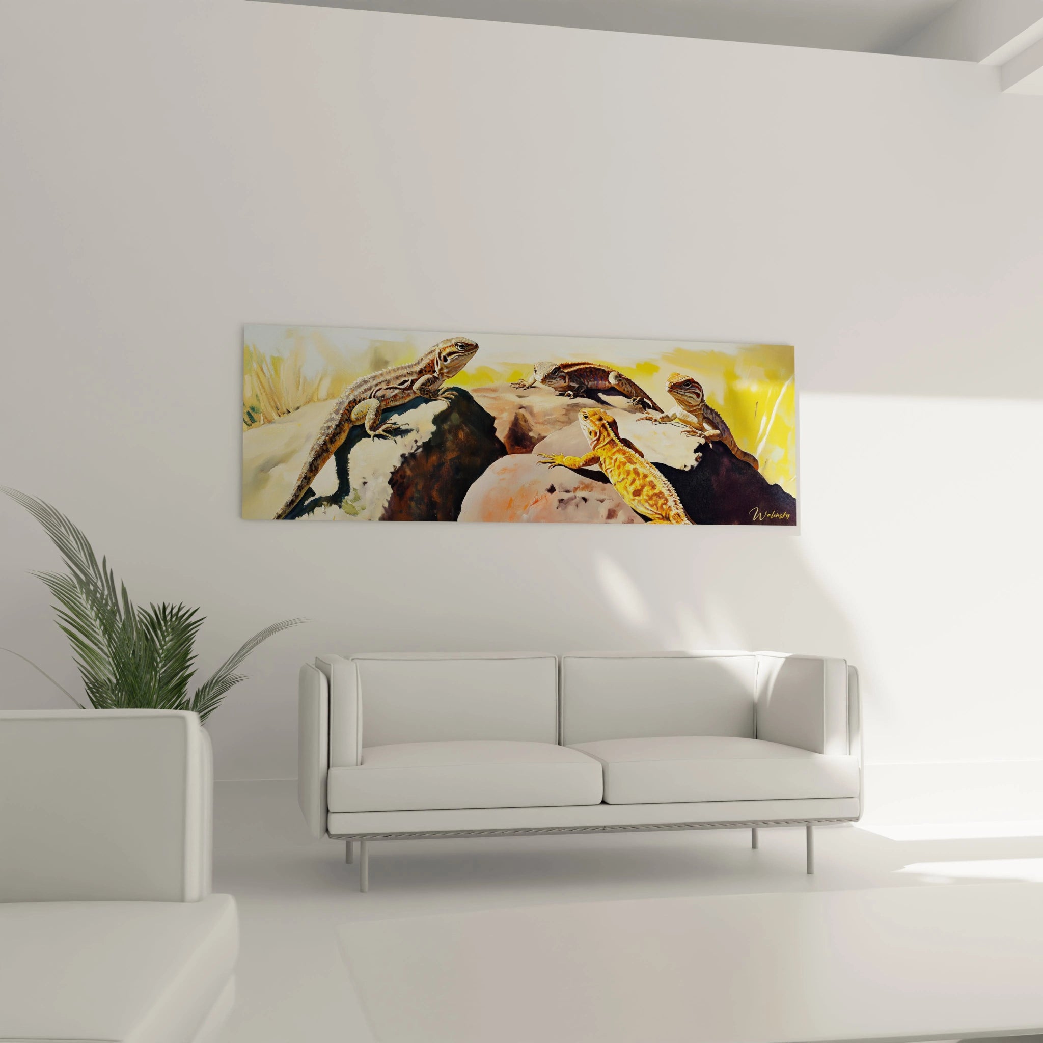 Tableau lézard Walensky représentant plusieurs lézards colorés sur des rochers avec fond jaune lumineux