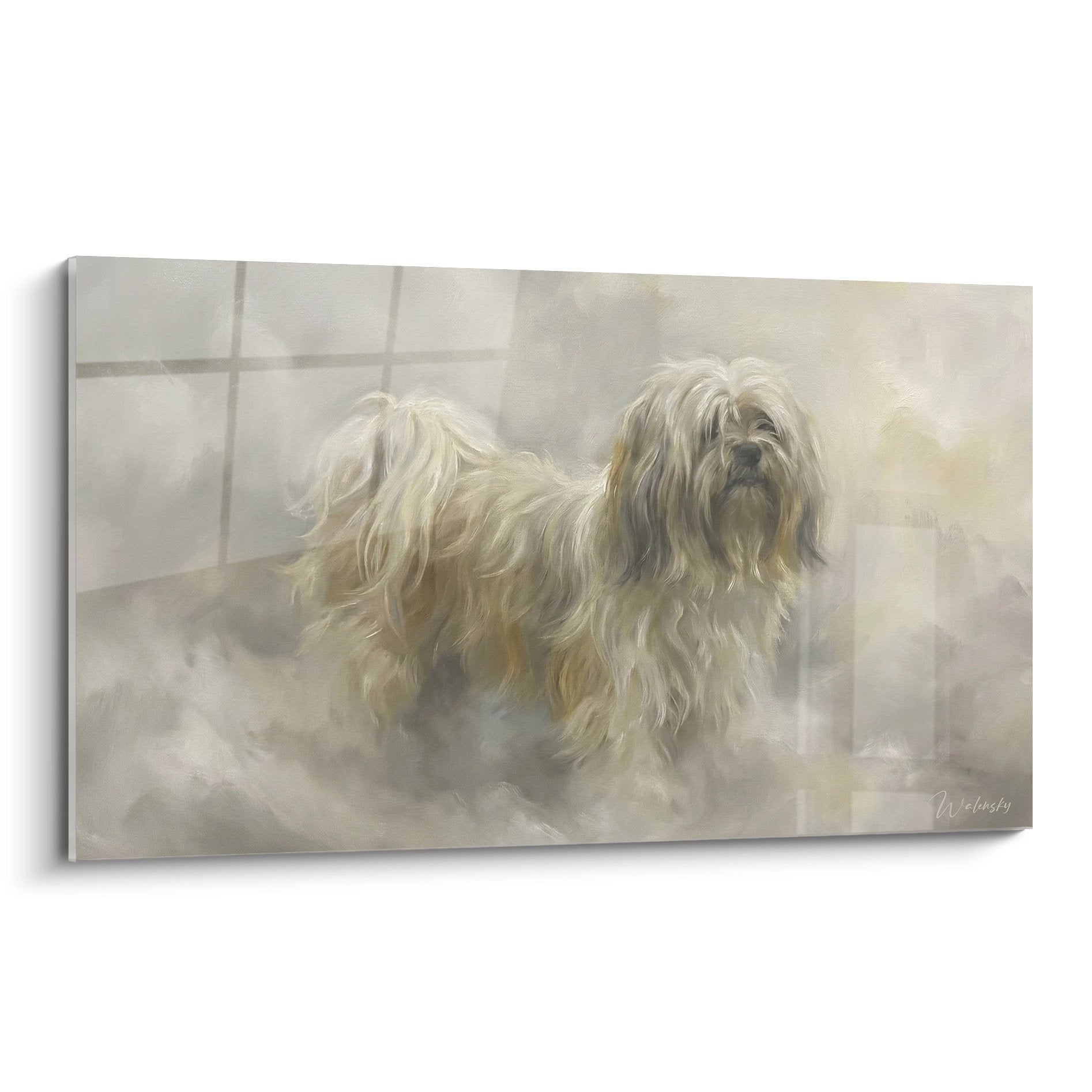 Tableau artistique Lhassa Apso aux longs poils dorés dans atmosphère vaporeuse et brume artistique