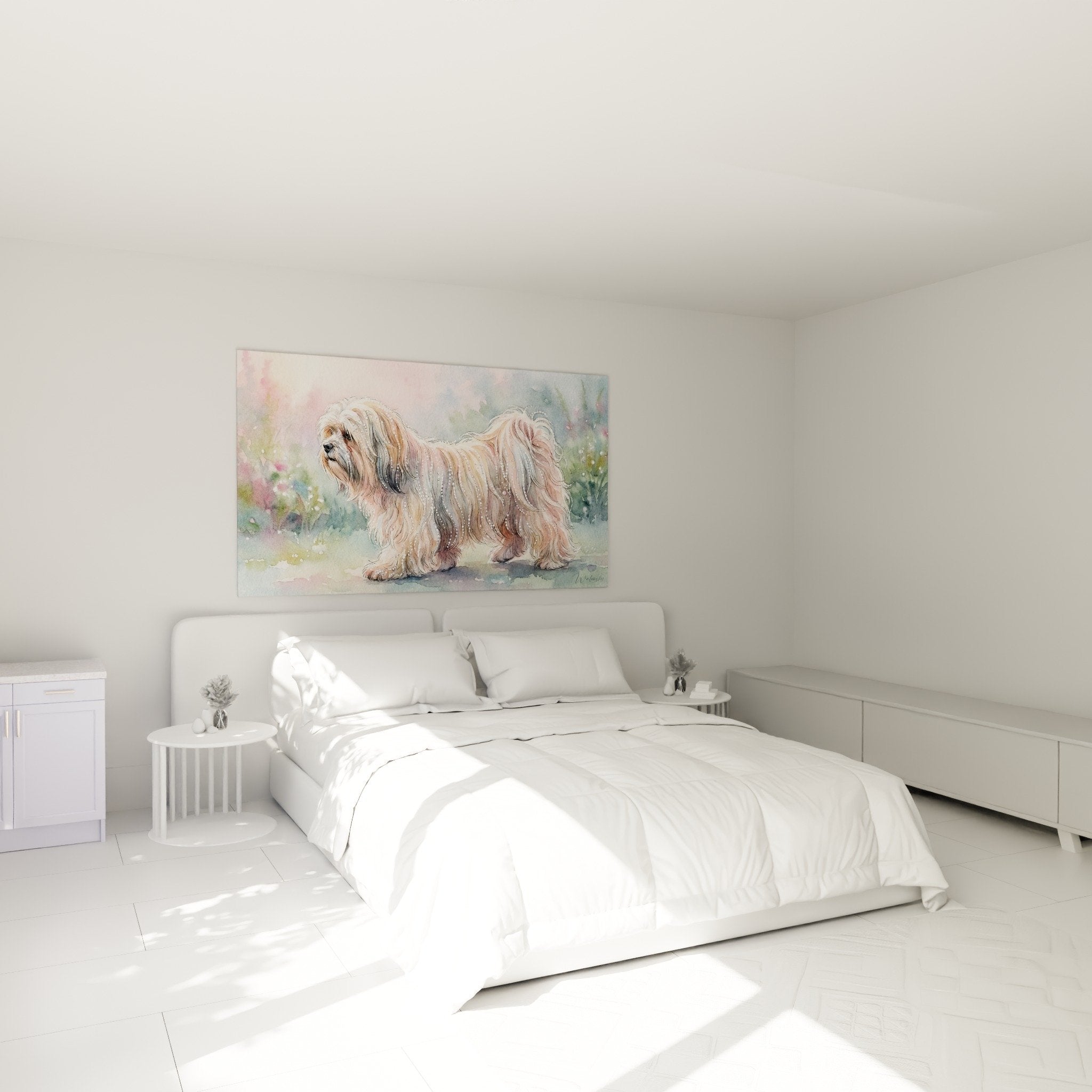 Tableau Lhassa Apso aquarelle pastel déco chambre ambiance douce romantique