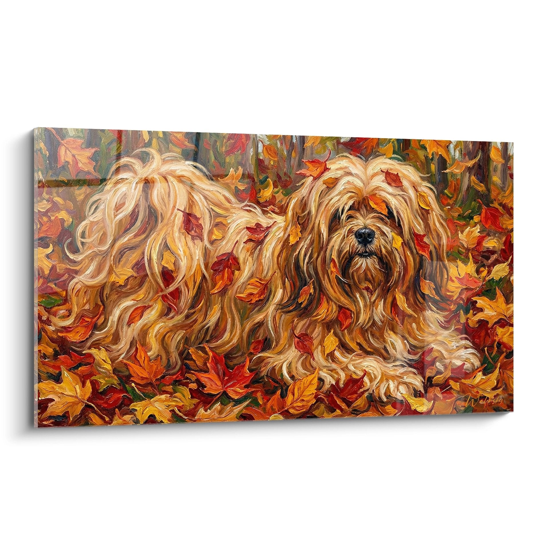 Tableau peinture Lhassa Apso poils dorés dans feuilles automne tons chauds cuivrés roux