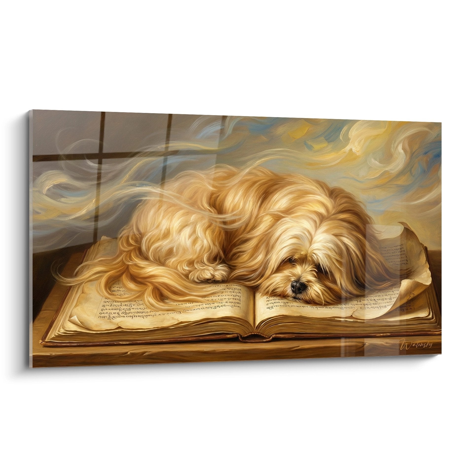 Tableau artistique Lhassa Apso aux poils dorés allongé sur livre ouvert, ambiance chaleureuse tons ocre