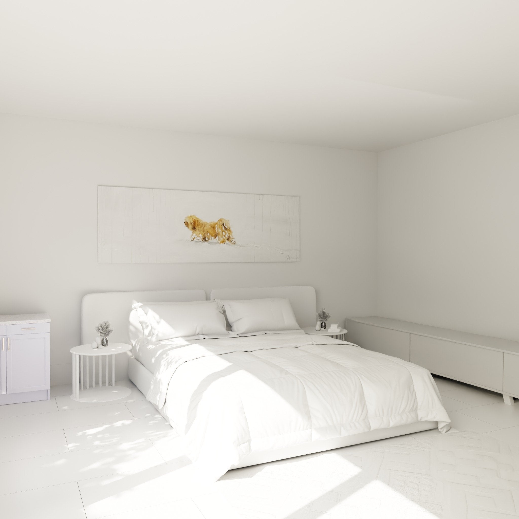 Tableau chien Lhassa Apso neige décorant chambre moderne ambiance chaleureuse mur blanc