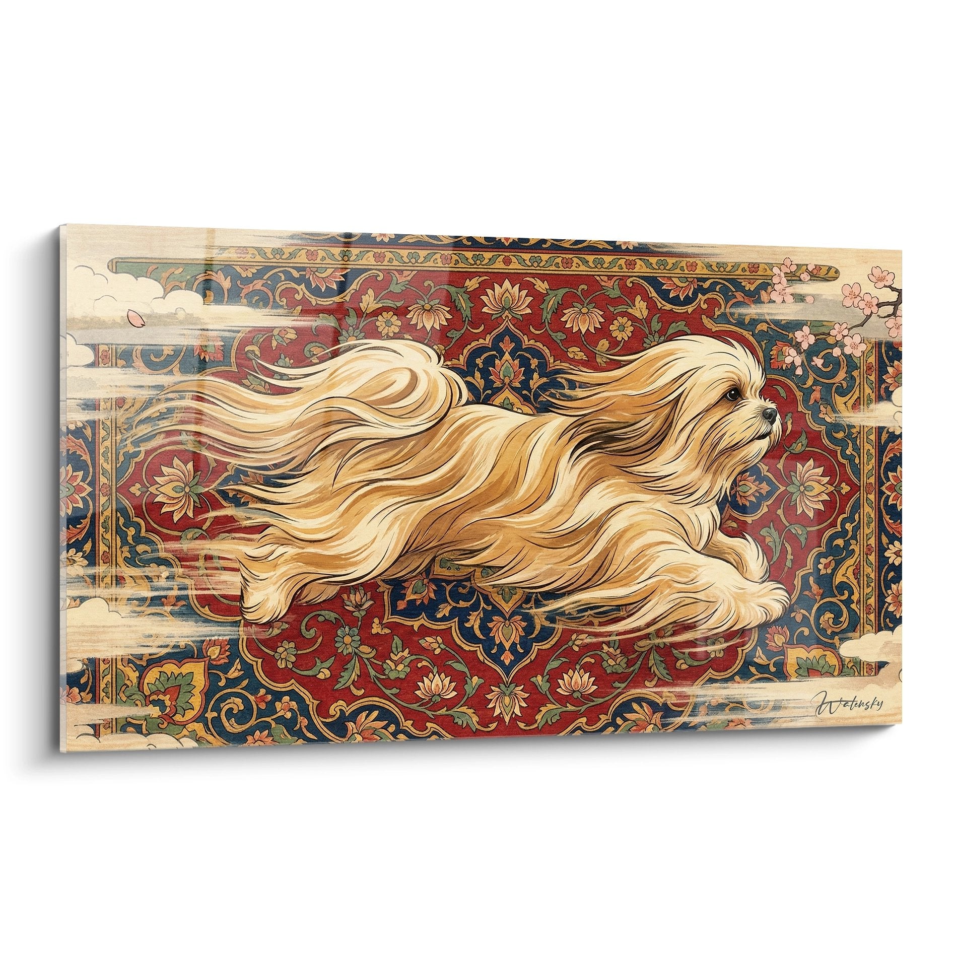 Tableau decoratif Lhassa Apso aux poils dores sur tapis persan rouge et bleu aux motifs floraux orientaux