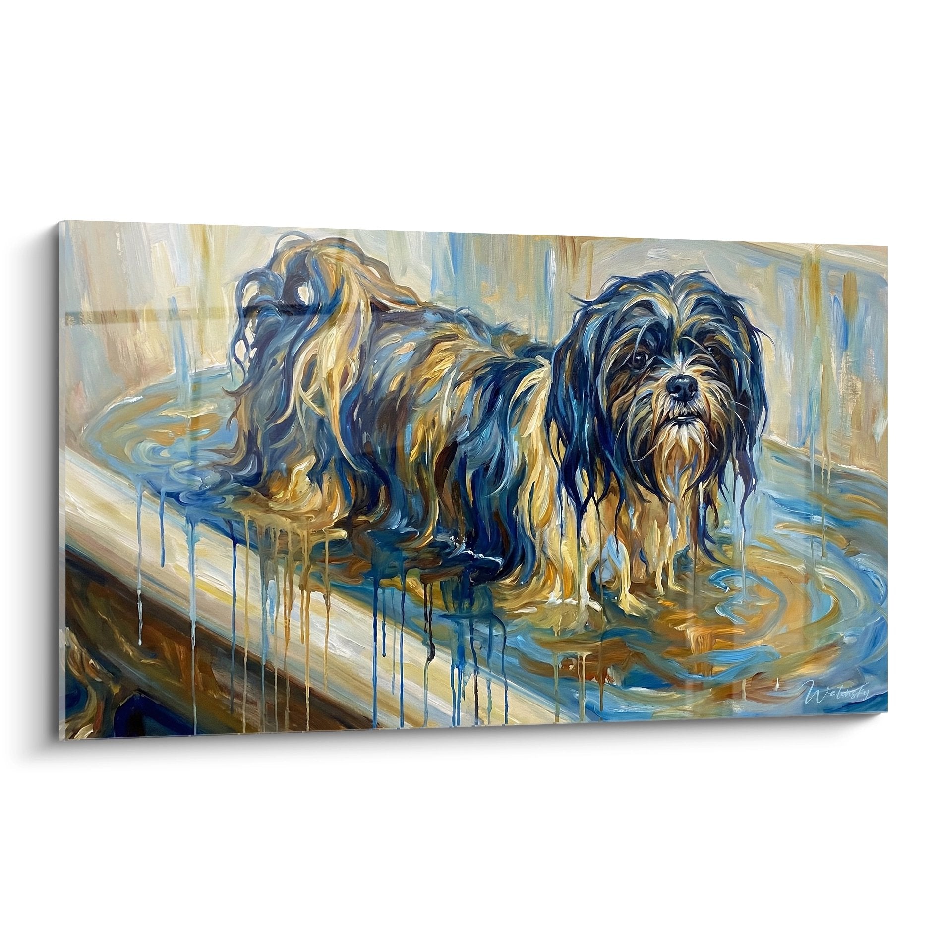 Tableau artistique Lhassa Apso pelage doré et bleu dans reflets aquatiques avec coulures peinture moderne