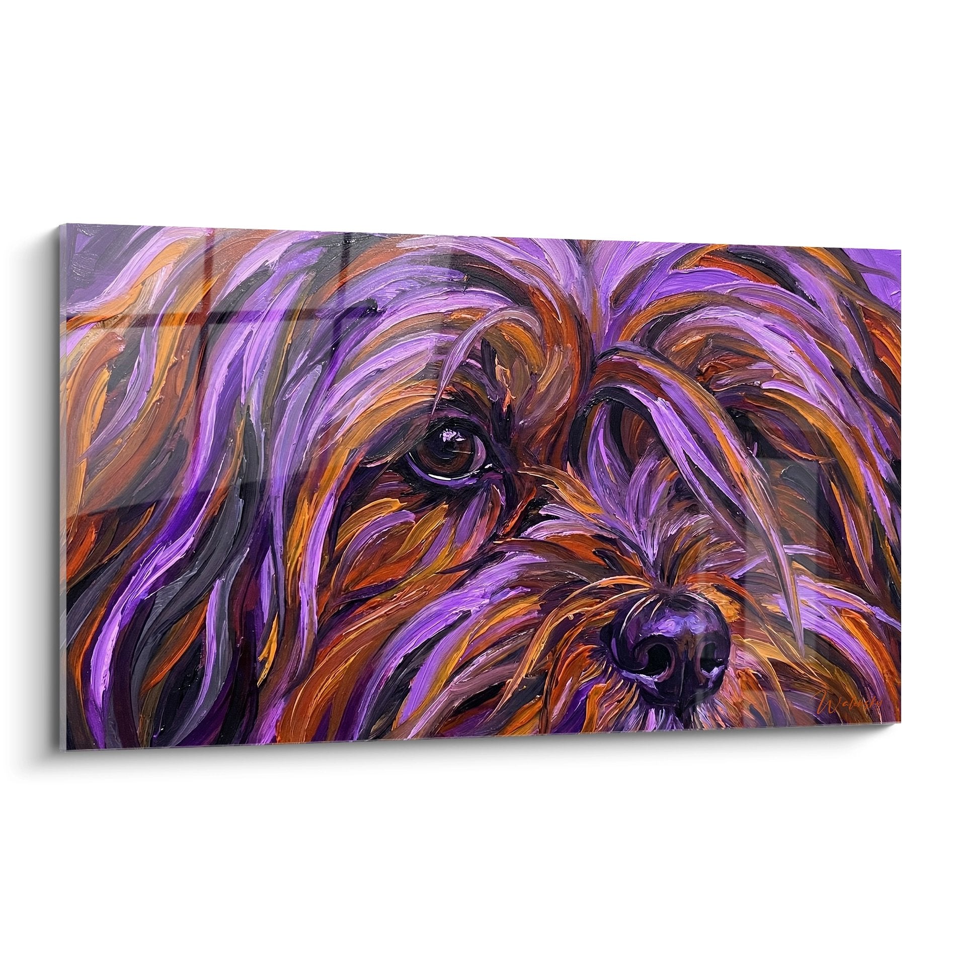 Portrait expressif de Lhassa Apso aux couleurs violettes et orangees avec regard intense sur toile artistique