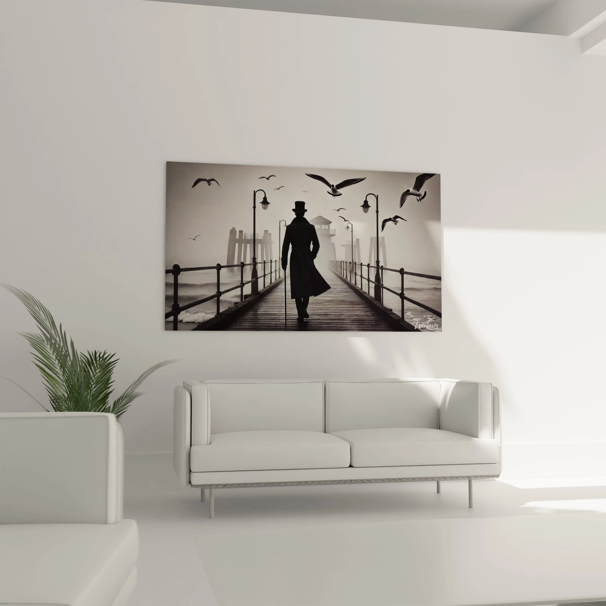 Dans un salon, ce tableau noir et blanc placé au-dessus d’un canapé apporte une harmonie entre la gravité du pont déserté, la légèreté des mouettes et une esthétique cinématographique captivante.