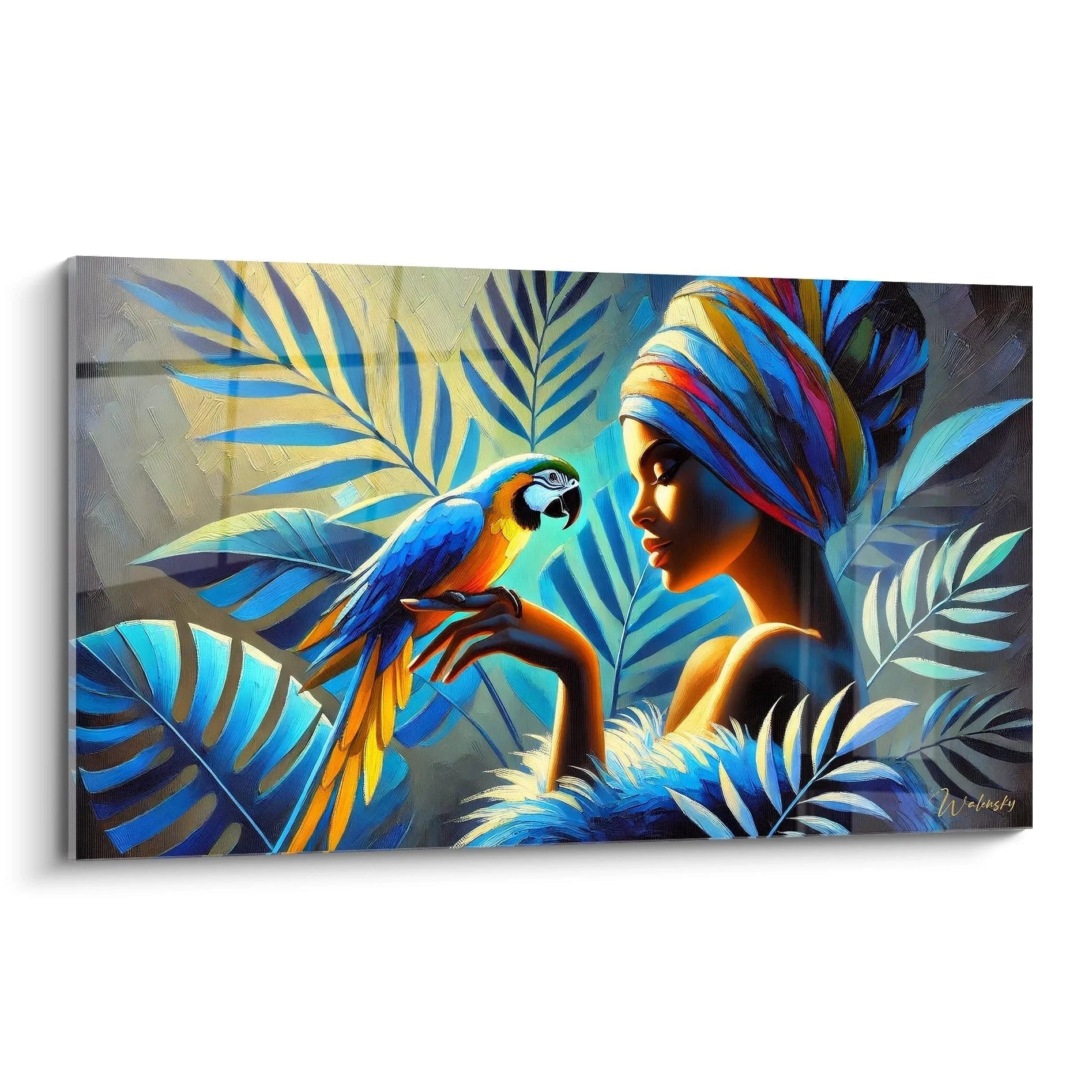 Découvrez ce tableau perroquet où une femme élégante tient un perroquet aux plumes bleues et jaunes. Le contraste vibrant et les feuilles tropicales apportent une touche d'exotisme apaisant.