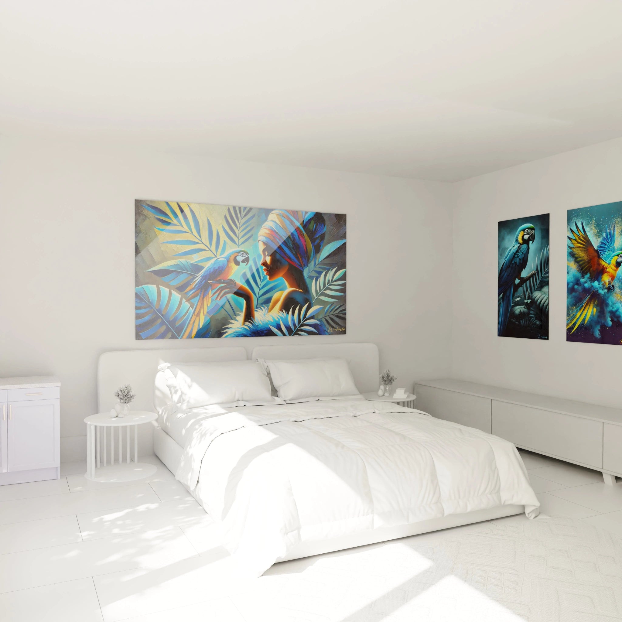 Ce tableau perroquet, accroché au mur dans une chambre moderne, illumine l'espace avec ses couleurs tropicales. Ideal pour creer une ambiance apaisante avec une touche d'elegance exotique.