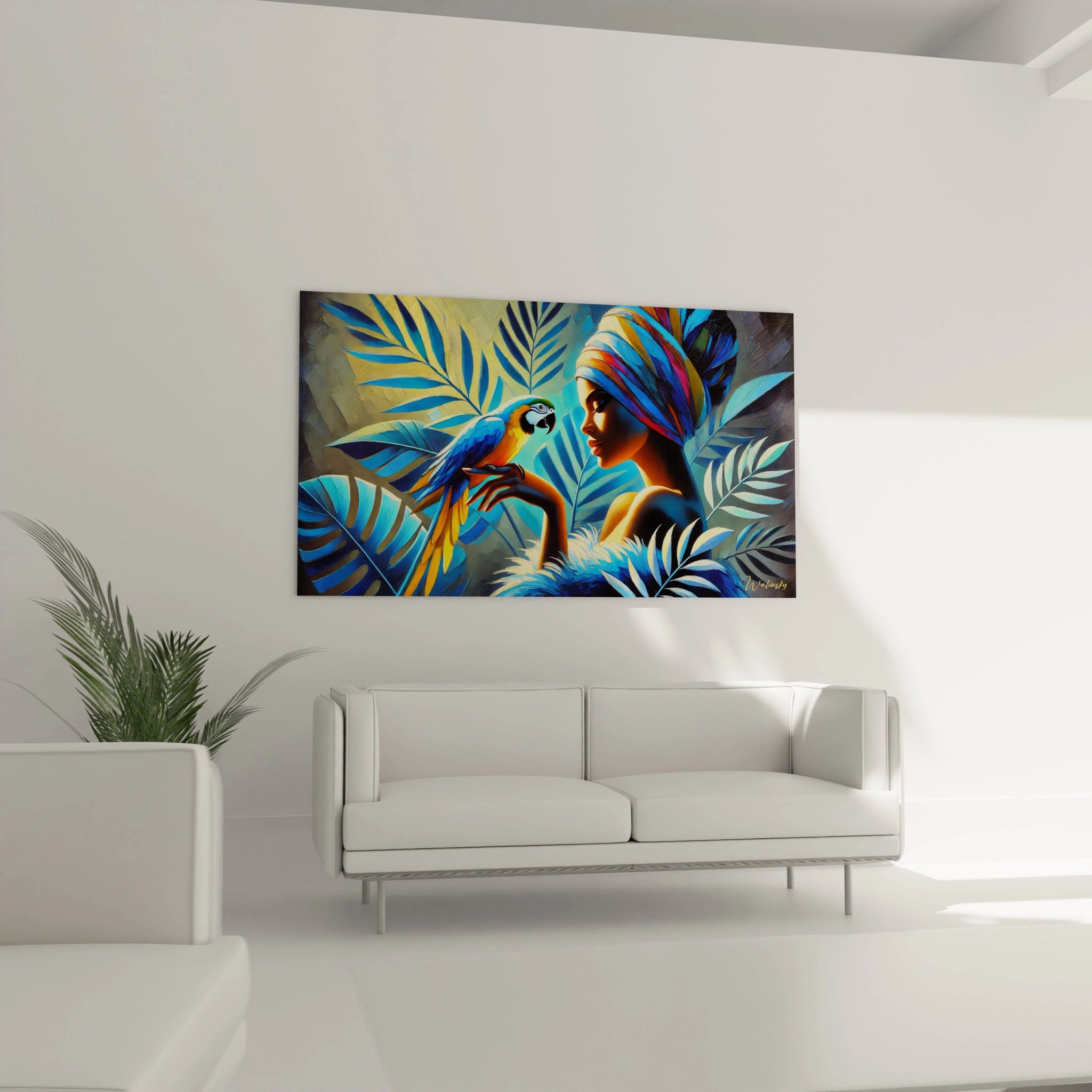Transformez votre salon avec ce tableau perroquet accroché au dessus d'un canapé. Ses couleurs vibrantes et ses motifs tropicaux créent une ambiance sophistiquée et relaxante.