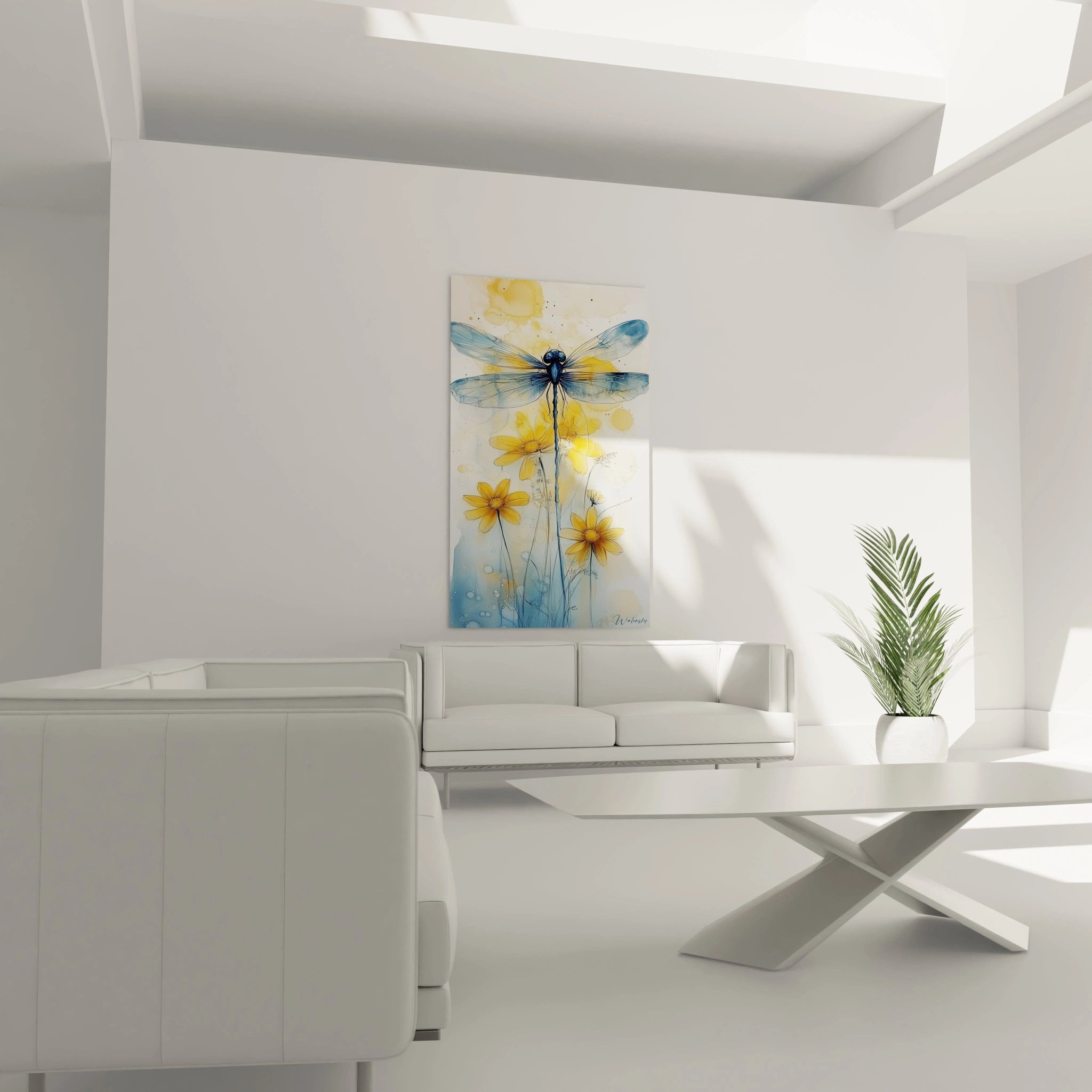 Un tableau libellule naturaliste représentant l'insecte en vol stationnaire au-dessus de fleurs sauvages jaunes. Techniques mixtes combinant traits d'encre précis et aquarelle fluide. Palette dominée par bleu, jaune et blanc avec effets de transparence sur les ailes.