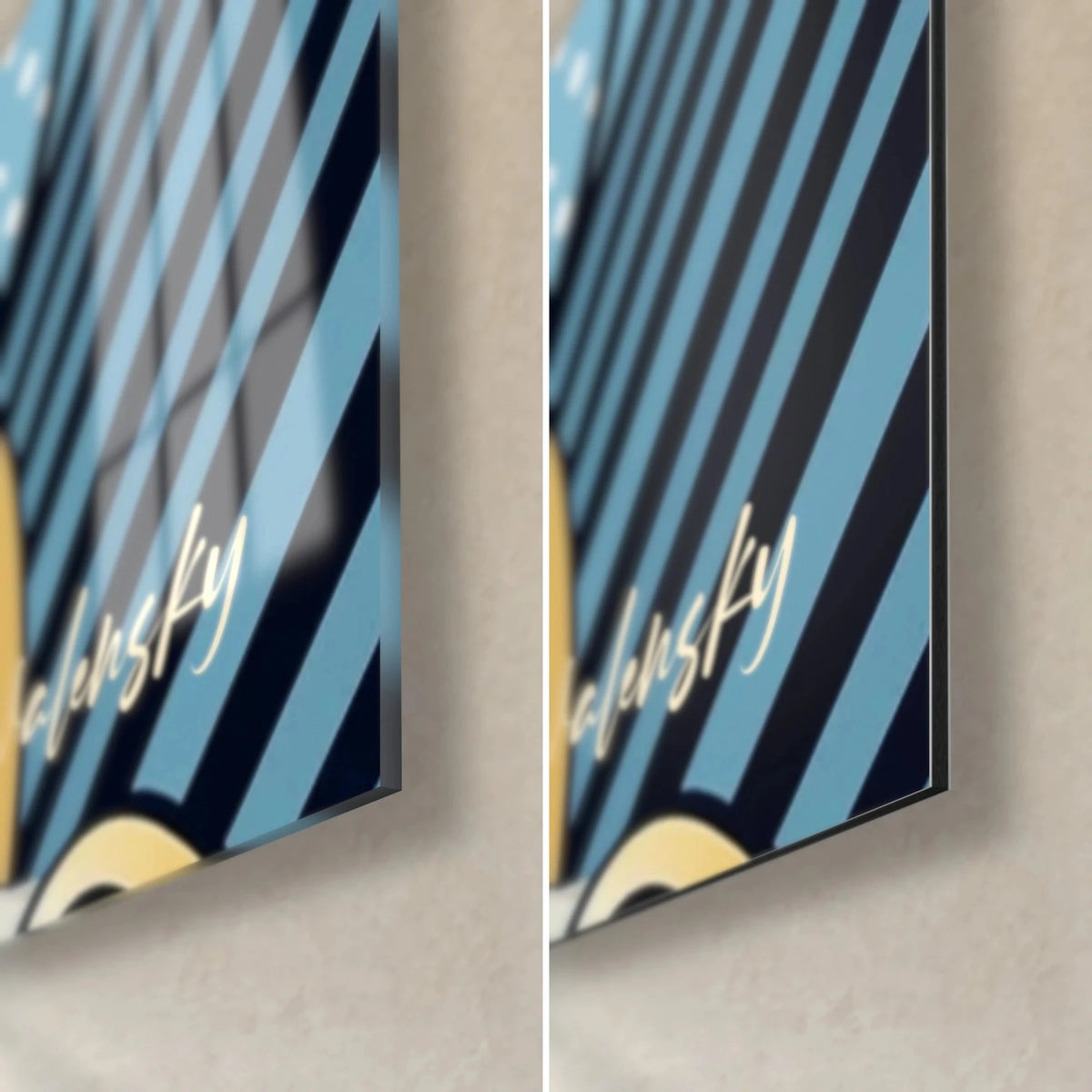 Gemälde New Yorker Dame im Pop-Art-Stil, untere rechte Ecke: glänzendes Glas links, matt gebürstetes Dibond rechts, nachtblaue und himmelblaue Streifen