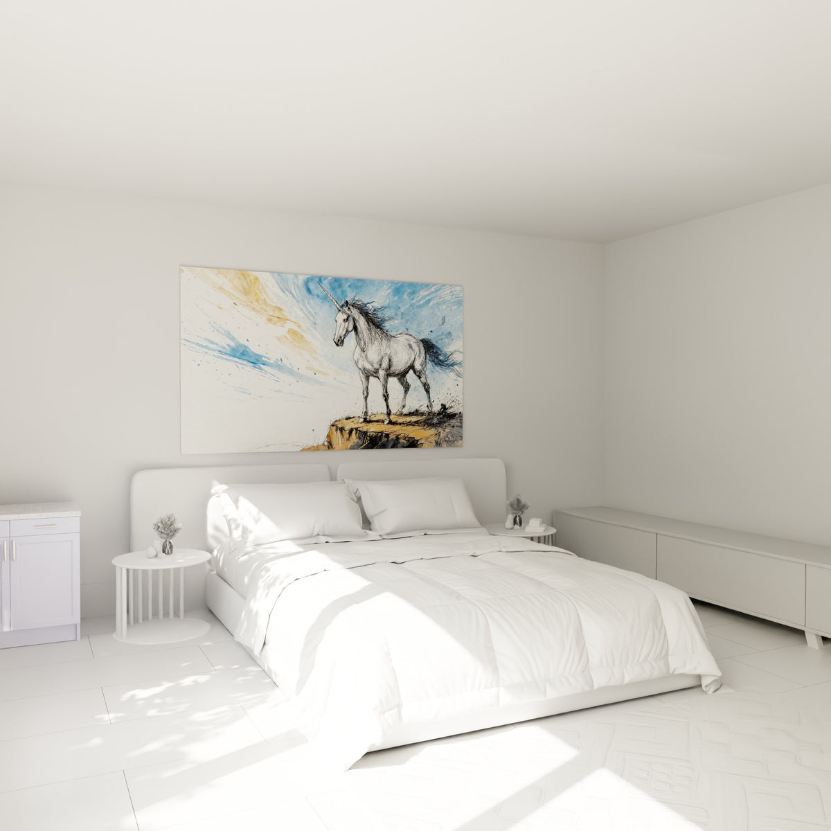 Créature blanche à corne unique sur falaise ocre et bleue, au-dessus d'un lit dans une chambre claire