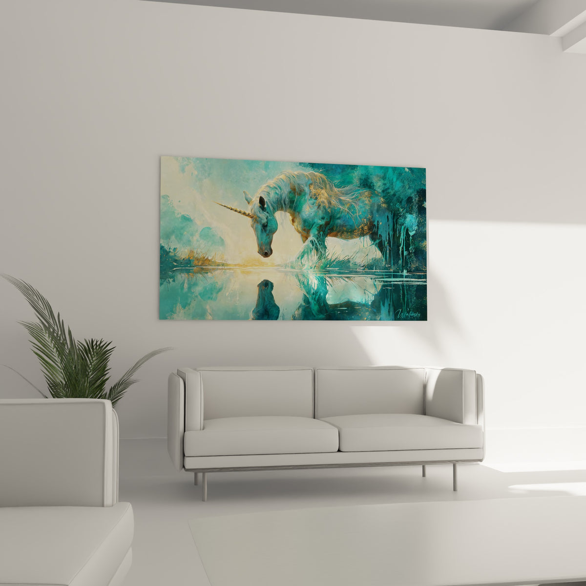 Créature mythique turquoise et ocre buvant à la surface d'un lac, au-dessus d'un canapé dans un salon lumineux.