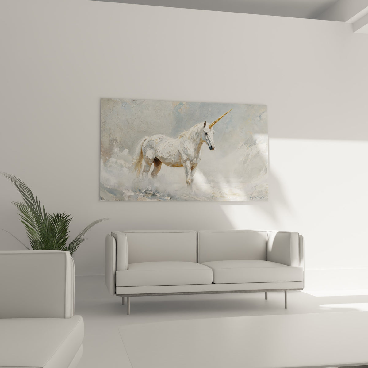 Animal légendaire blanc et bleu grisé aux textures épaisses, au-dessus d'un canapé dans un salon lumineux