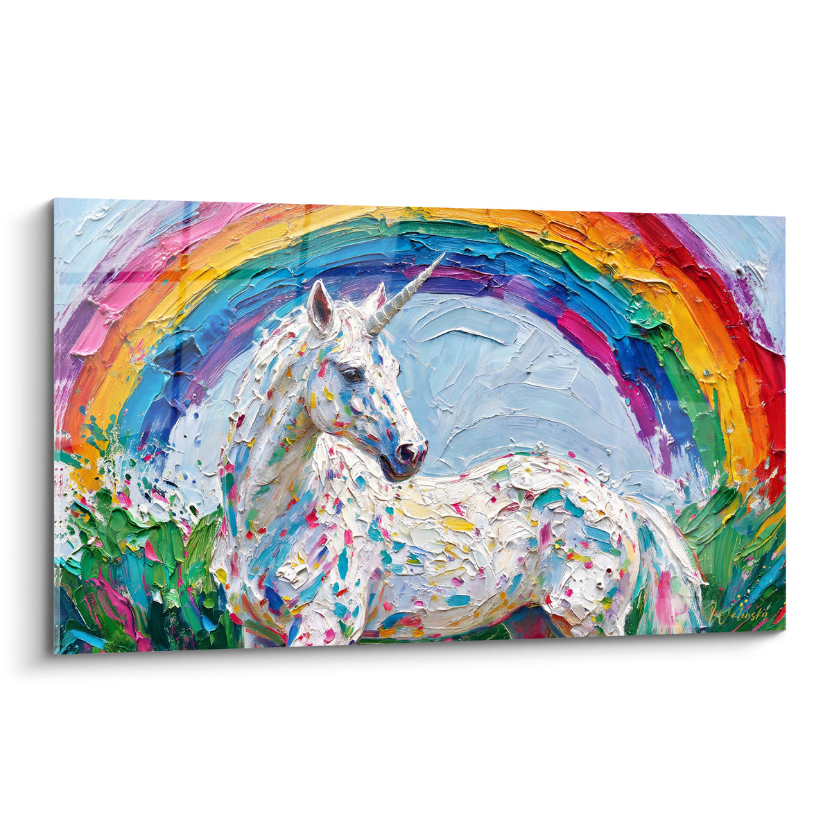 Licorne blanche de profil, crinière mouchetée de rose et turquoise, sous un arc-en-ciel orange et violet