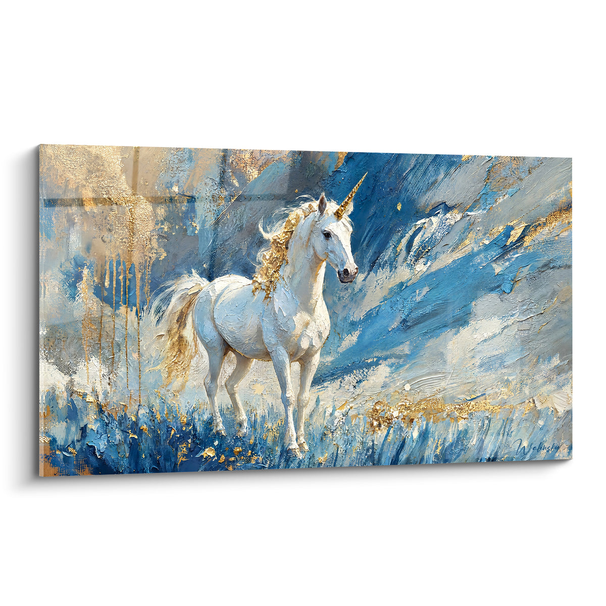 Licorne blanche à la corne dorée sur fond bleu marine texturé et rochers stylisés