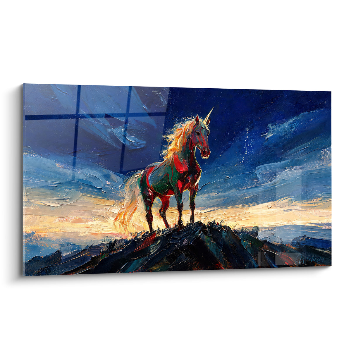Licorne bleu marine et dorée dressée sur un sommet rocheux au crépuscule étoilé