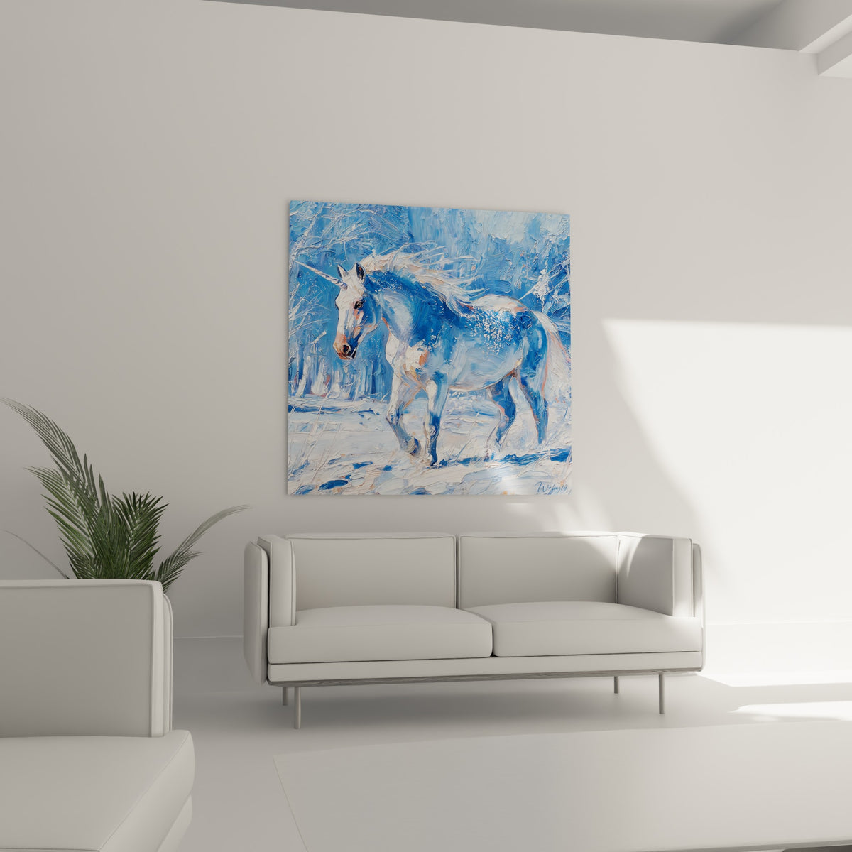 Licorne fauve et bleu pastel traversant un décor givré, suspendue au-dessus d'un canapé dans un salon lumineux
