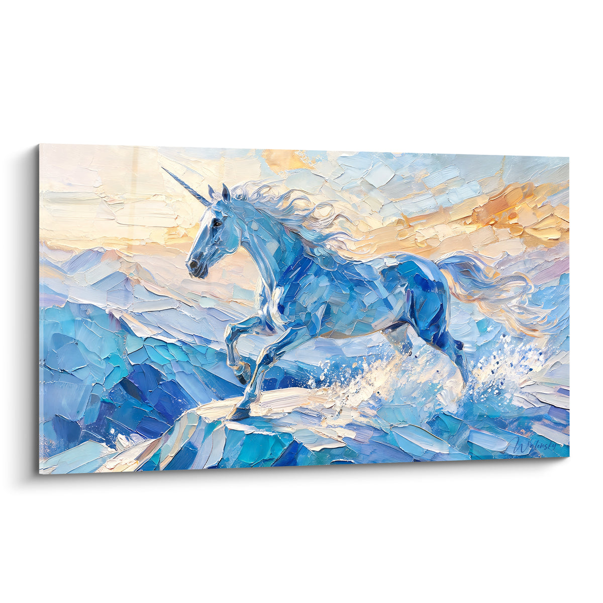 Licorne bleu marine au galop, crinière blanche et ciel doré, texture peinte épaisse