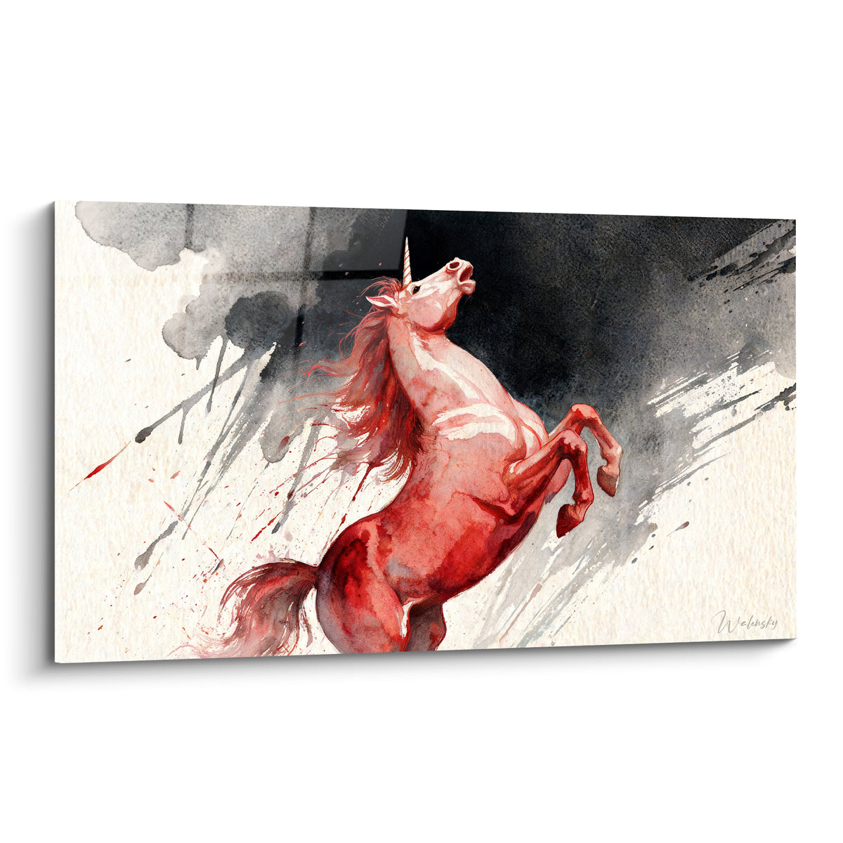 Licorne cabrée rouge et anthracite peinte en aquarelle expressive avec crinière déployée