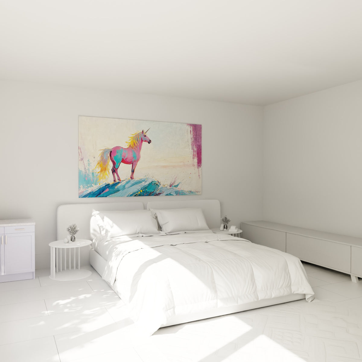 Créature mythique rose et bleu ciel, crinière dorée en mouvement, au-dessus d'un lit dans une chambre claire