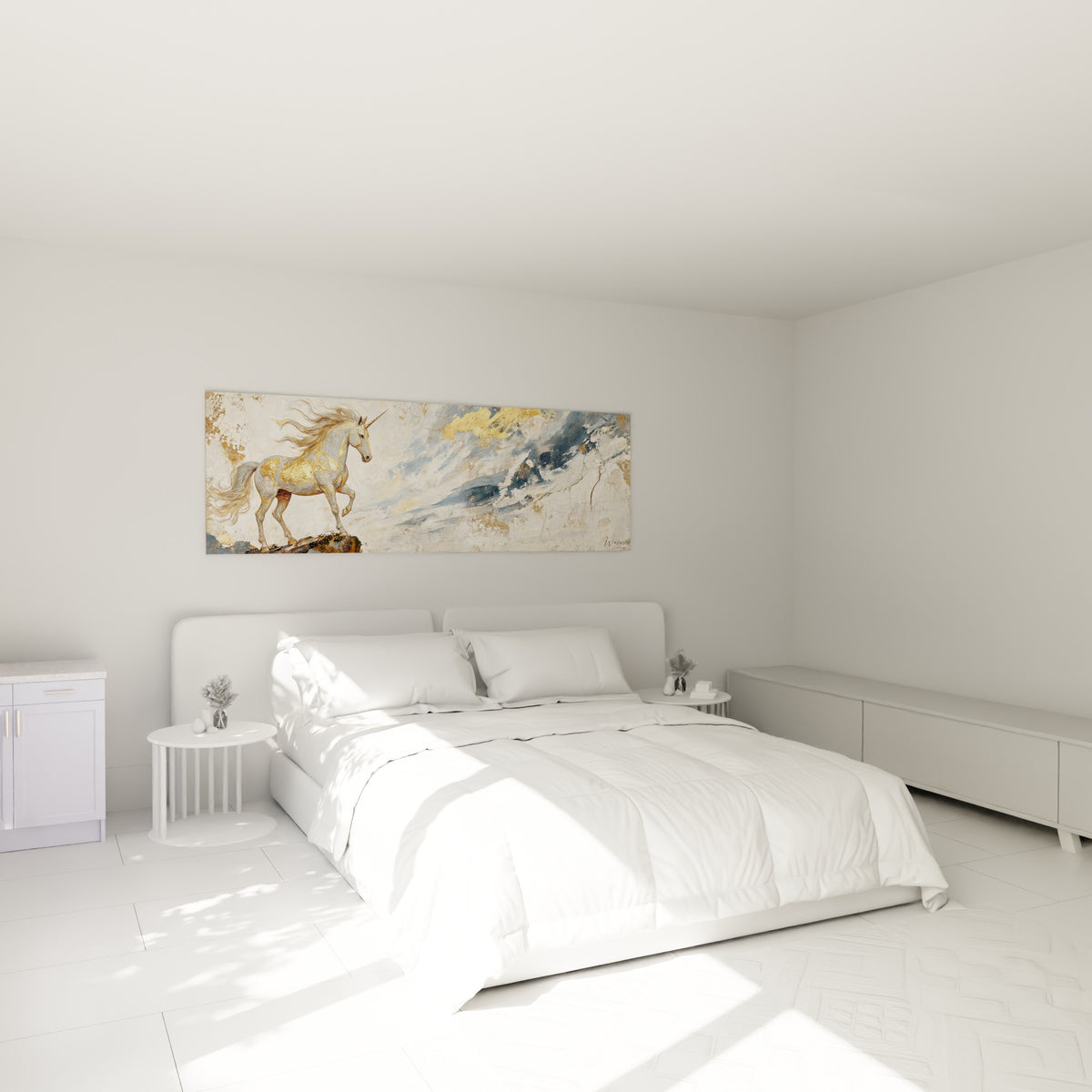Créature légendaire dorée et blanche au-dessus d'un lit dans une chambre claire