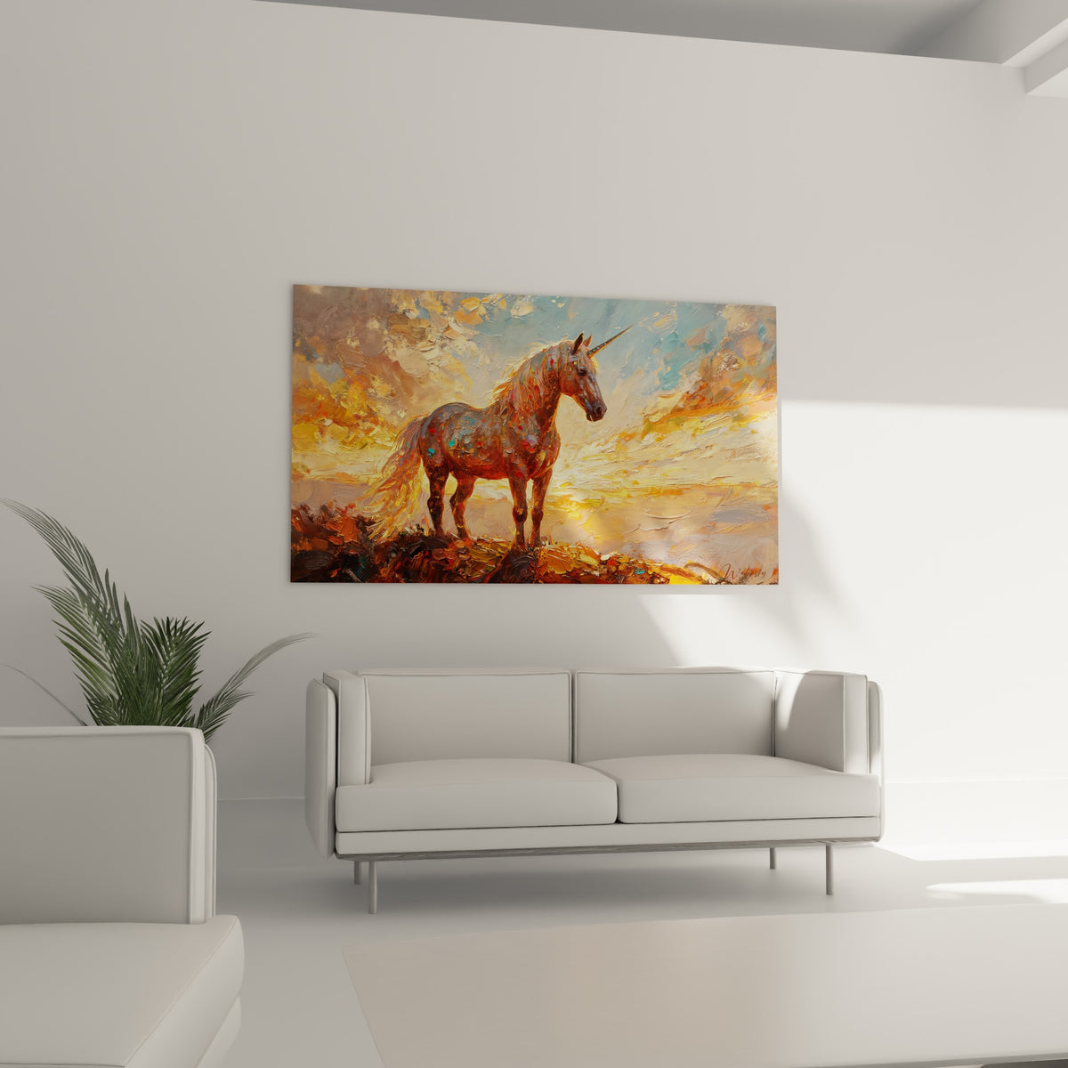 Licorne dorée sur fond bleu pastel et orange, empâtements texturés, suspendue au-dessus d'un canapé dans un salon lumineux