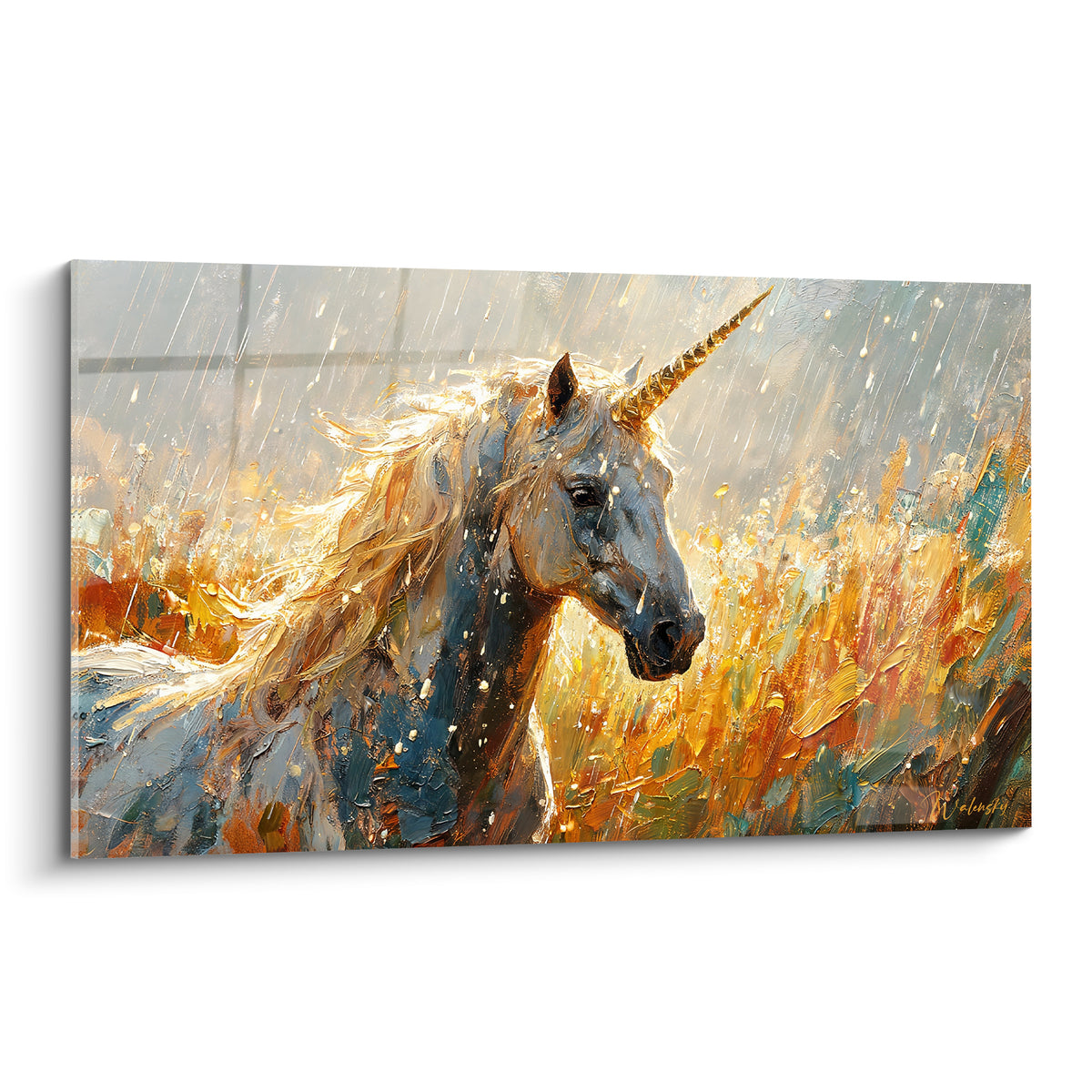 Licorne dorée et bleu ardoise sous une pluie battante, crinière balayée par le vent, peinture texturée