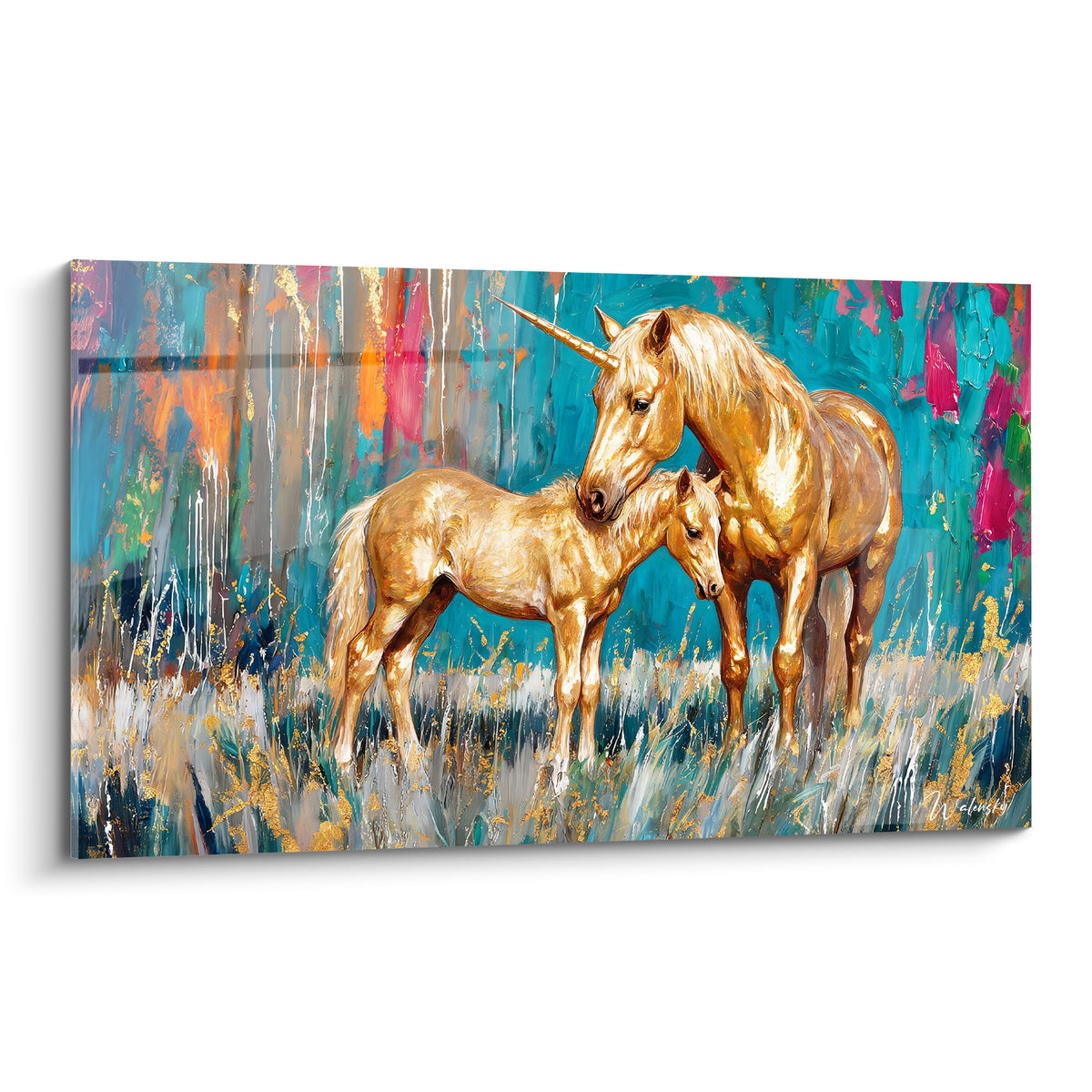 Licorne dorée et son poulain aux robes fauves sur fond turquoise et rose éclaboussé de peinture