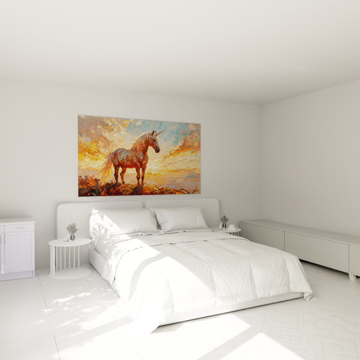 Licorne fauve à crinière dorée et robe tachetée de rouge, accrochée au-dessus d'un lit dans une chambre claire