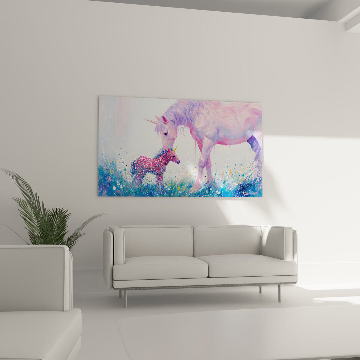Mère licorne et poulain fauve aux couleurs pastel disposés au-dessus d'un canapé dans un salon lumineux