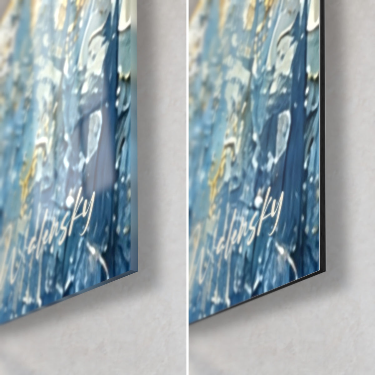 Tableau licorne ivoire et bleu, coin bas droit : verre acrylique brillant à gauche, alu Dibond mat à droite, tranche de 3 mm