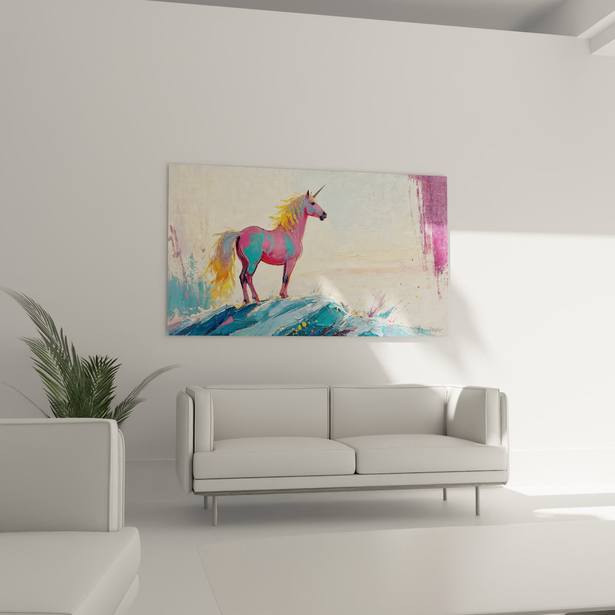 Silhouette de licorne turquoise et magenta, corne argentée dressée, au-dessus d'un canapé dans un salon lumineux
